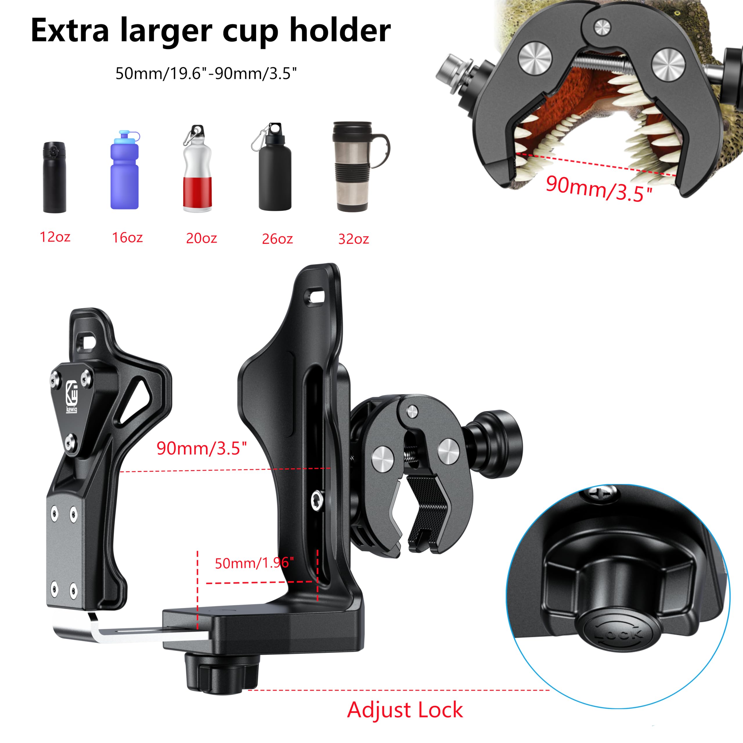 Kewig Anti-Theft Motorcycle Cup Holder, Extra Large Adjustable Size Bike Water Bottle Holder For 1.95 - 3.6'' Diameter Bottles,