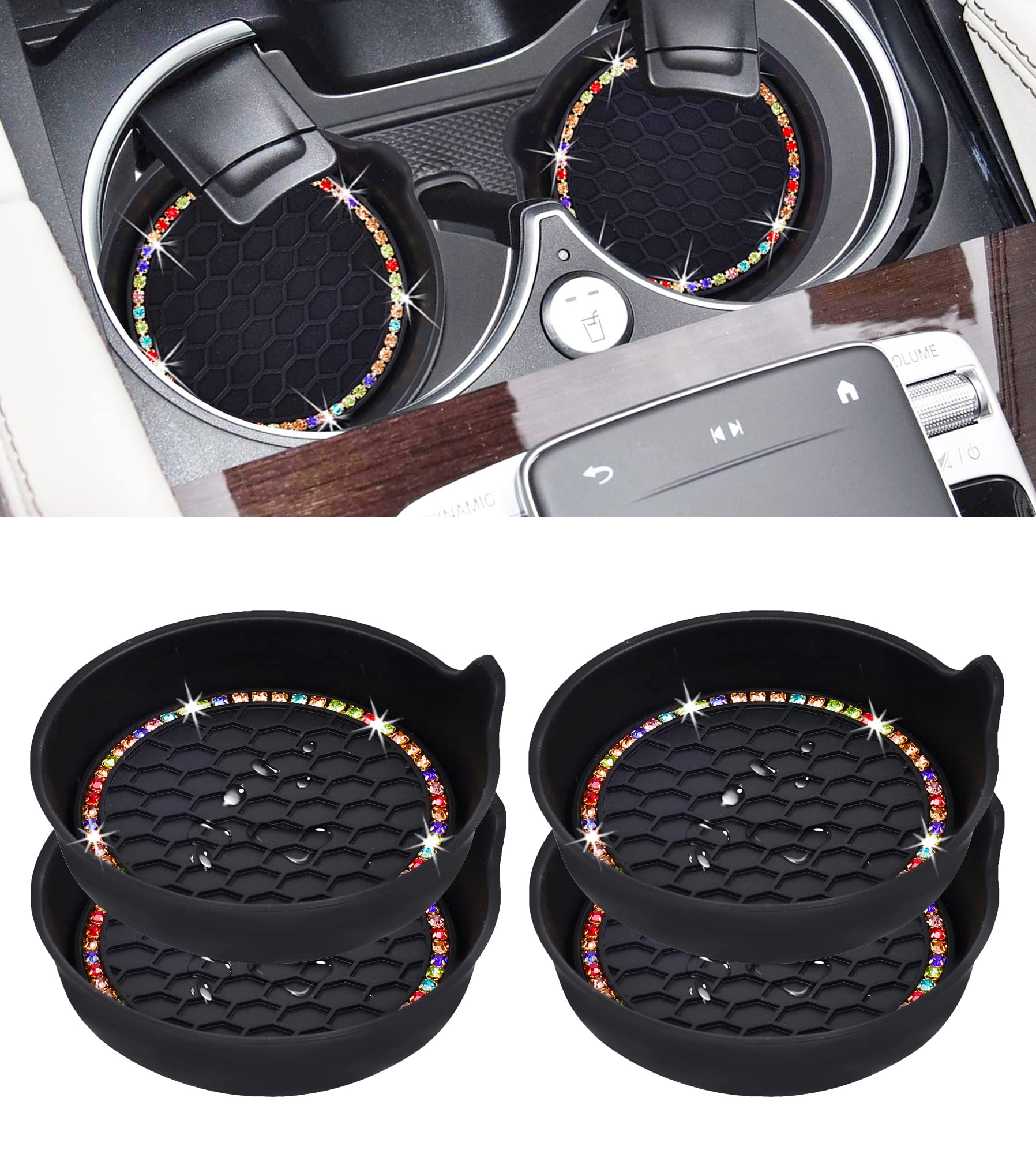 Amooca Car Cup Coaster Universal Non-Slip Cup Holders Bling Crystal Rhinestone Car Interior Accessories 4 Pack Black Coloured