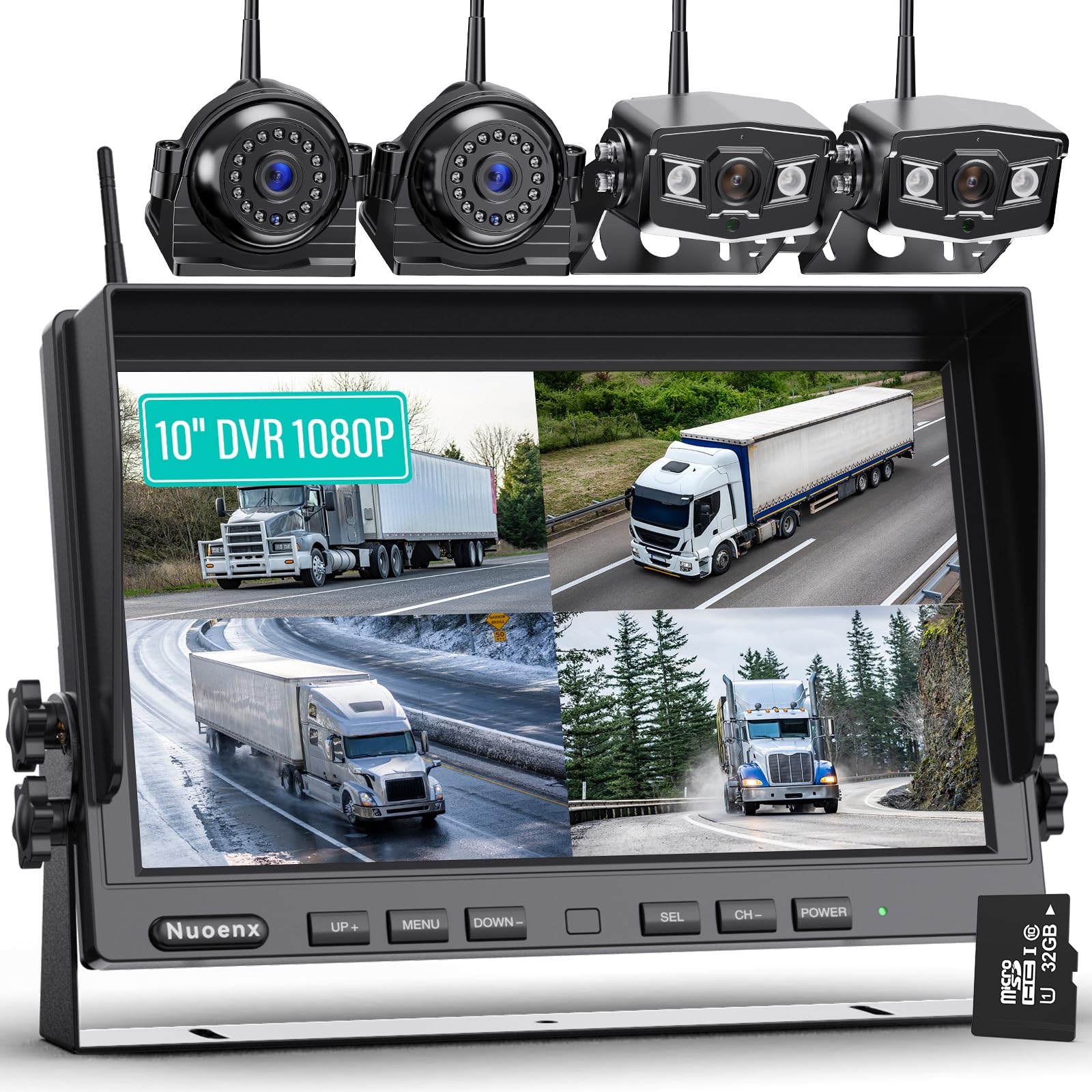 Nuoenx 10'' Wireless Backup Camera System, Hd 1080P Digital Rear View Side View Cameras 10 Inch Quad Split Loop Recording Monito