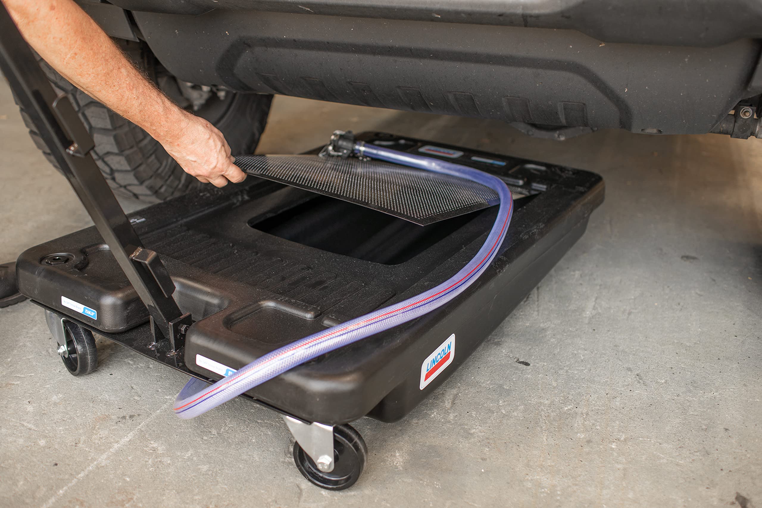 Lincoln 3665 17 Gallon Low Profile Truck Drain For Collection Of Used Fluids, 7.75 In. Tall With 6 Ft. Discharge Hose With 3/4 I