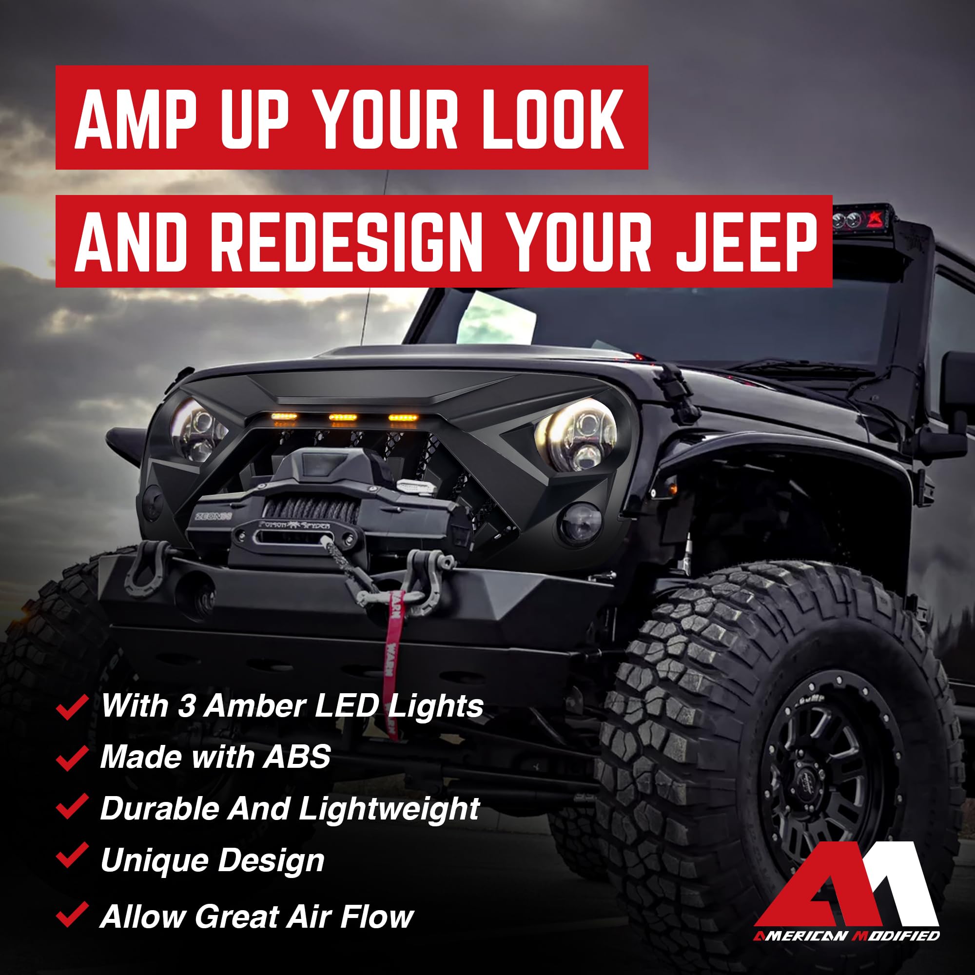 AM AMERICAN MODIFIED Front Goliath Grill for Jeep Wrangler JK 2007-2018, ABS Material, LED Lights, Matte Black, Model AMJPAA00122