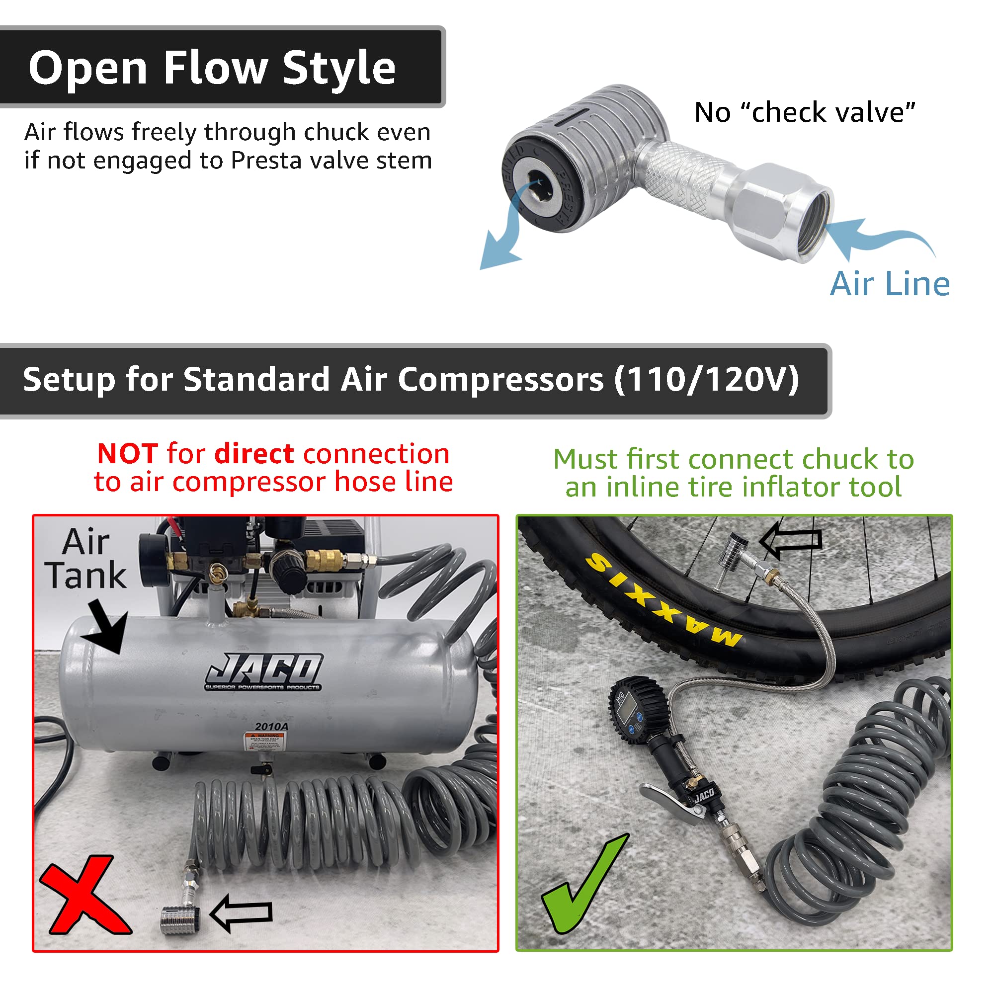 Jaco Lightning Xp Locking Presta Air Chuck For Bike Tires - 1/4' F-Npt (Open Flow) | Quick-Connect Presta Attachment For Tire Inflators (Patented)