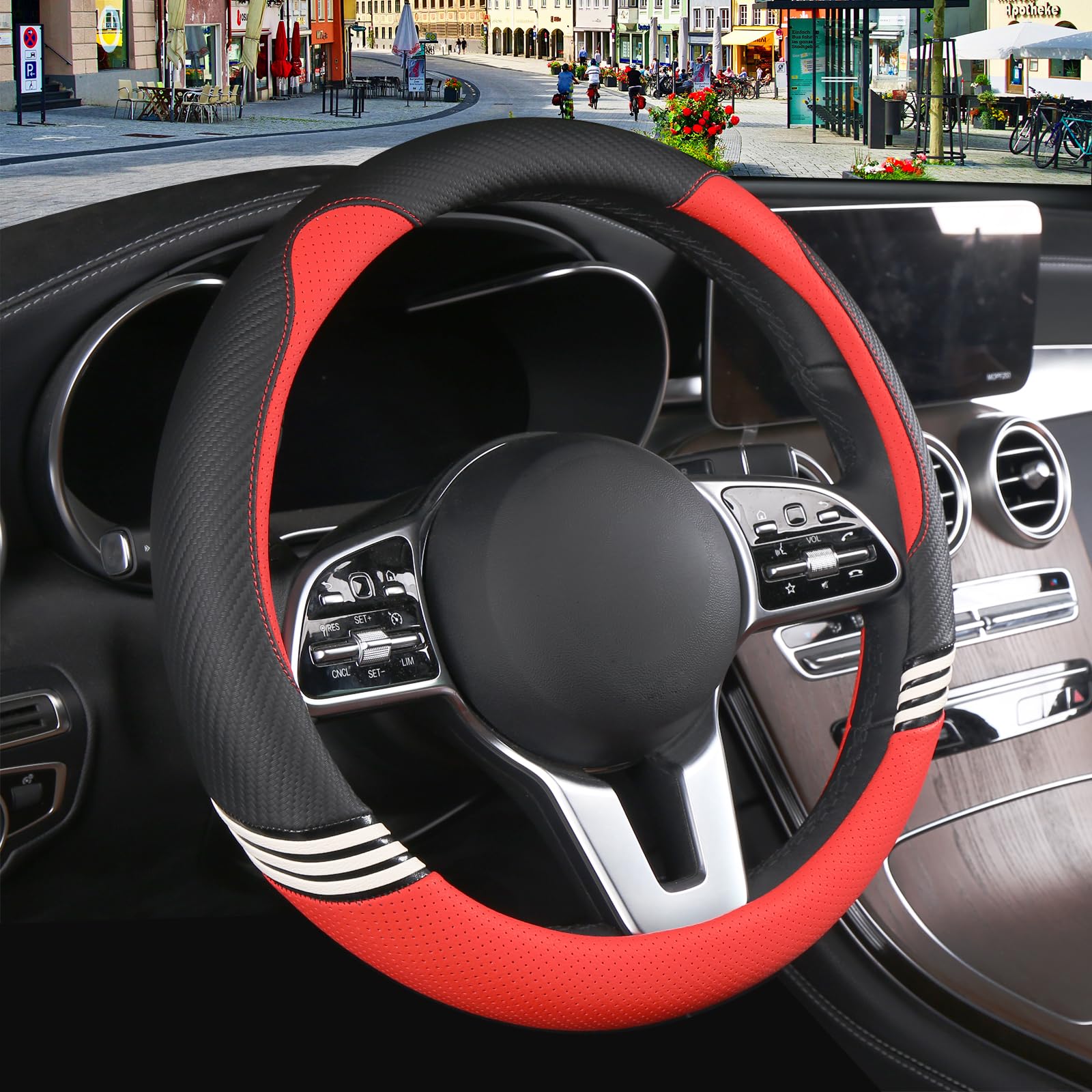 Binsheo Cute Steering Wheel Cover for Women Men Leather Universal 15 inch,Black and Red -Like New