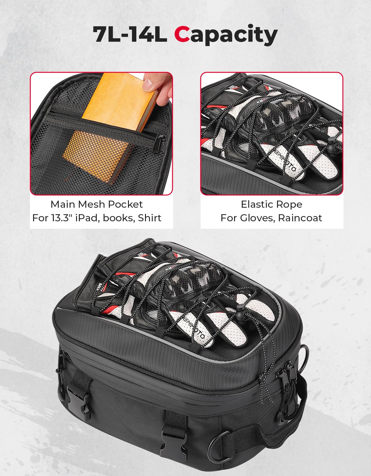 Kemimoto Motorcycle Tail Bag, Dual Use Motorcycle Rear Seat Bag With Waterproof Rain Cover, 7-14L Expandable Motorbike Helmet Ba