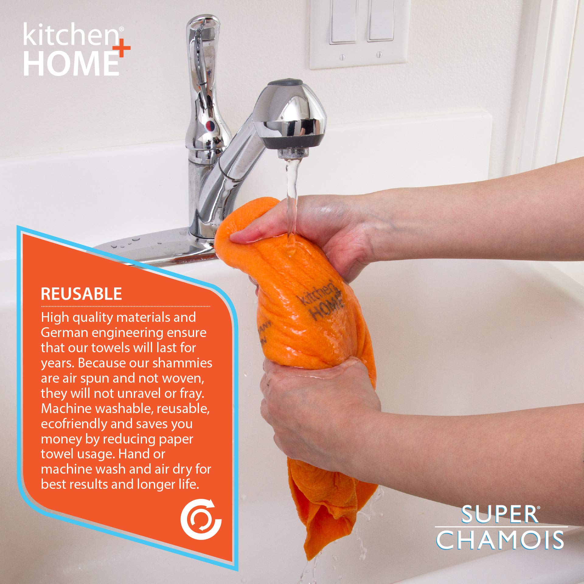 Kitchen Home Super Chamois Extra Large 20 x 27 Orange Cleaning Cloth - 6 Pack, Super Absorbent, Holds 10x Its Weight in Liquid