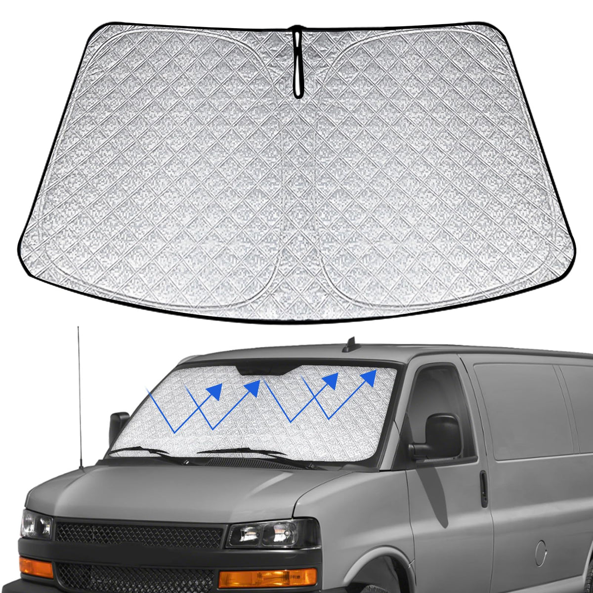 Windshield Sun Shade Replace for 1996-2025 Chevy Express 2500/3500, 6 Layers Foldable Window Sun Visor Protector, Blocks Sun Ray