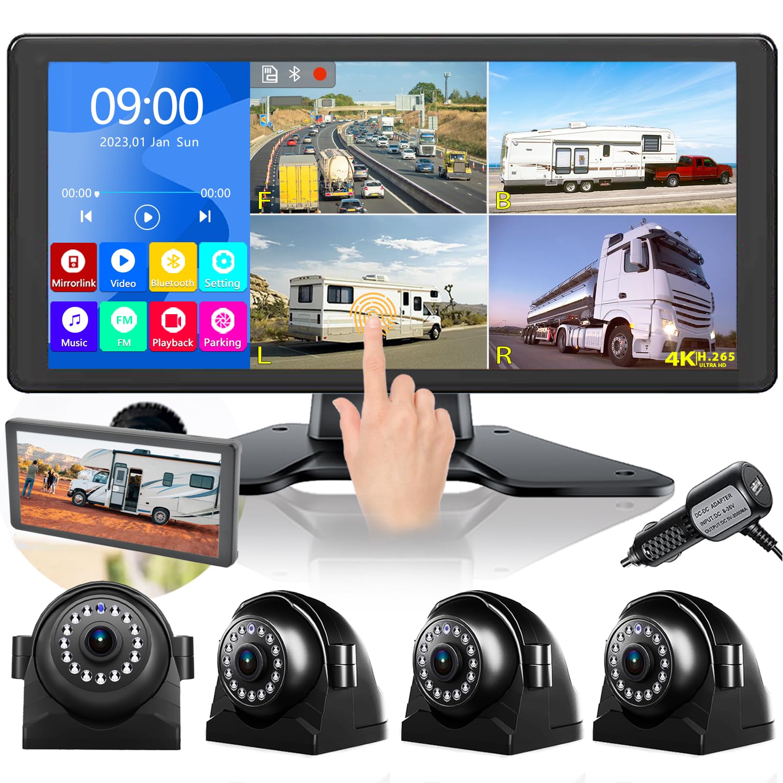 4K Rv Backup Camera System 10.36'' Quad Split Touch Screen Monitor With 4 1080P Rear Side View Camera, Dvr Recording Bluetooth M