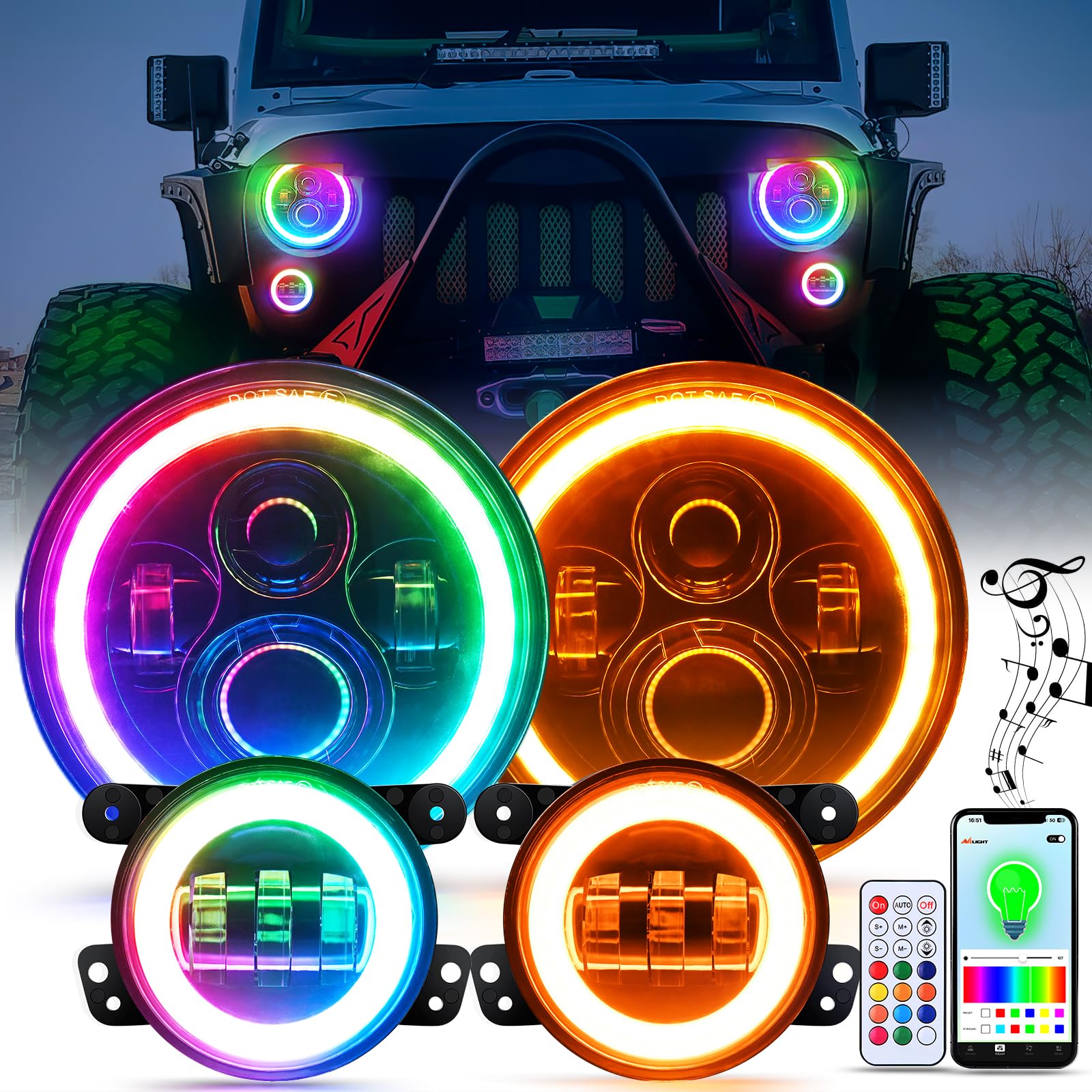 Nilight 7 Inch Rgb Led Headlight And 4 Inchs Fog Light W/Turn Signal App Remote Control Round Headlights Compatible With 2007 20