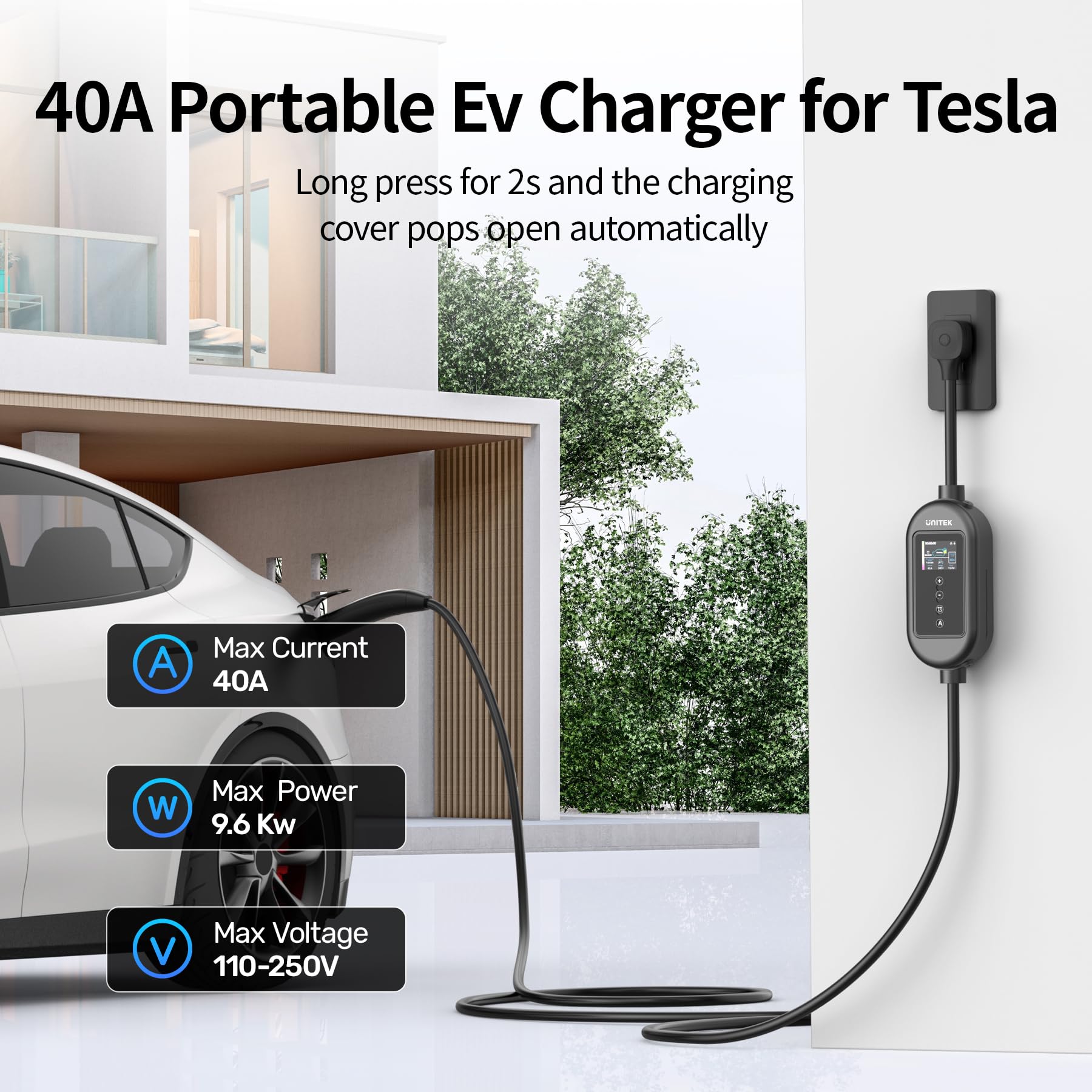 Unitek 40A 9.6KW Tesla Home Charger -Auto Sensing Level 2 Portable Tesla Wall Charger,240V Mobile Charger Connector for Tesla, E