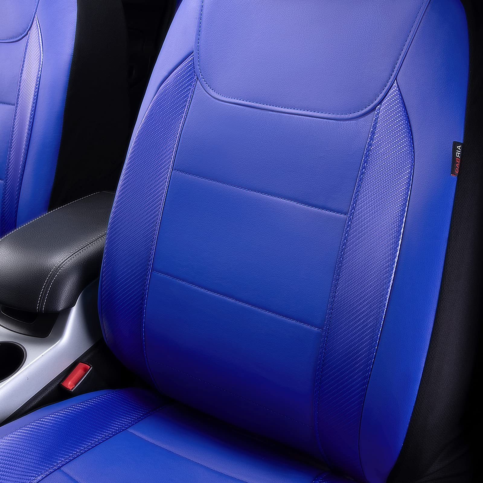 Flying Banner Car Seat Covers Protects Water Proof Faux Leather Carbon Fiber Fronts Rear Bench Covers (Blue Blue, Full Set - 8Pc