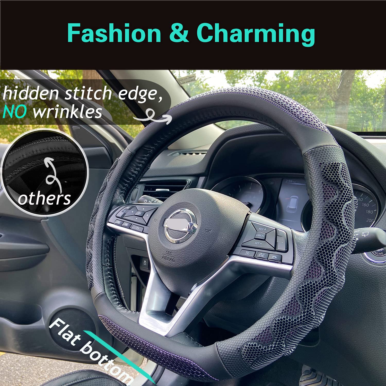 Pinctrot D Shaped 14 Inch Small Sized Steering Wheel Cover Great Grip With 3D Honeycomb Anti-Slip Design, Flat Bottom 14 Inch (P