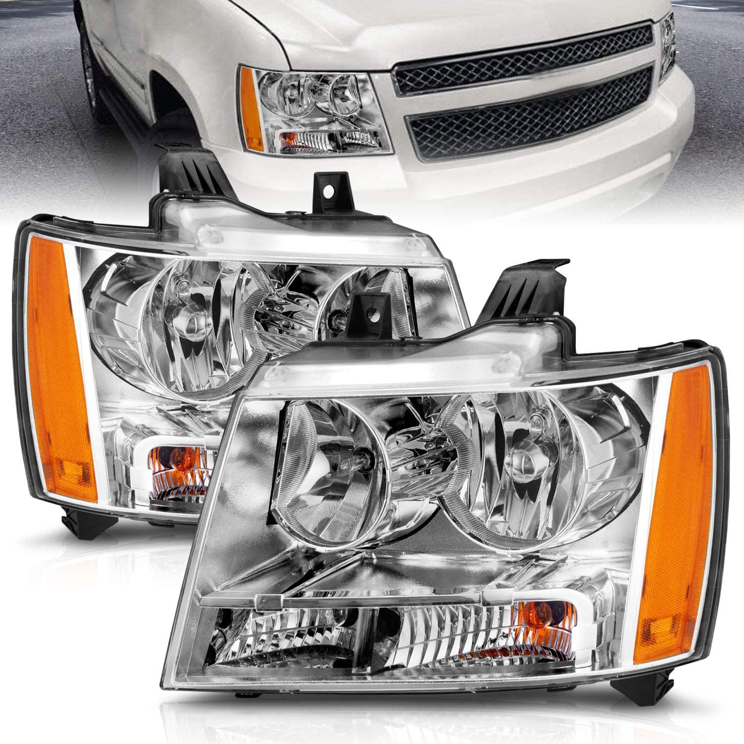 Headlight Assembly For 2007-2013 Chevy Tahoe Suburban Avalanche Replacement Headlights Driver And Passenger Side Pair, Chrome Ho