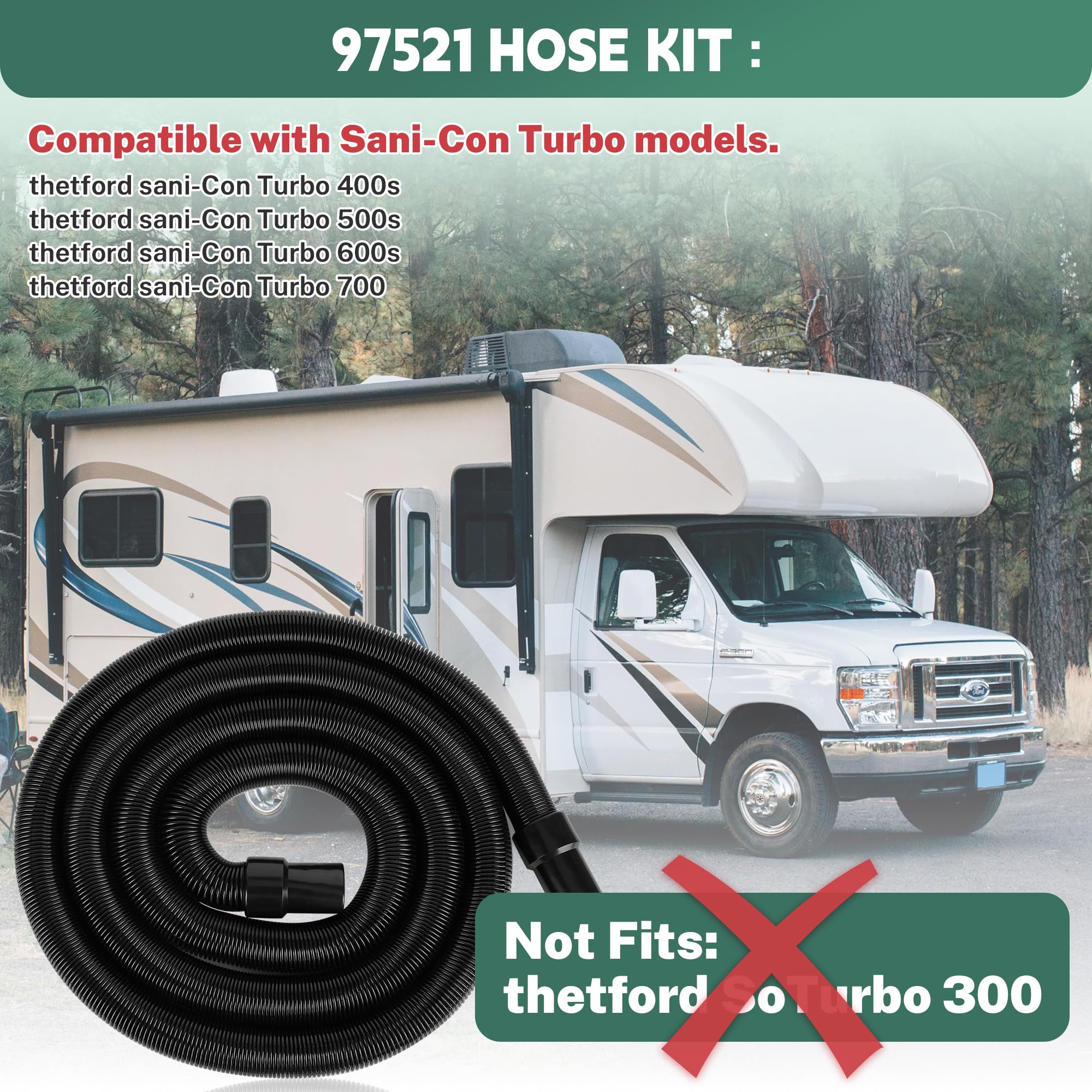 97521 RV Macerator Hose Kit for Thetford Sani-Con Turbo 400S 500S 600S 700S, 33FT 1.5 Inch Black Waste Water Sewage Hose with Qu