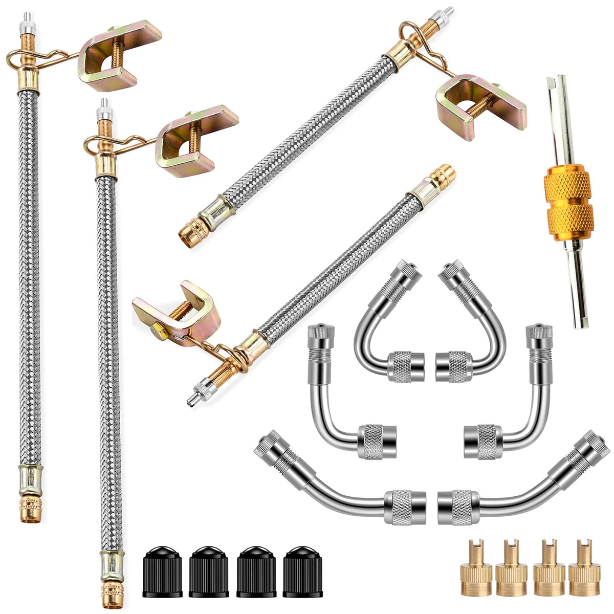 Valve Stem Extenders,4Pcs 7Inch And 12 Inch Dual Flexible Stainless Steel Braided Valve Stem Extensions,6Pieces 45 90 135 Degree Brass Valve Adaptors For Car Truck Motorhome Trailer Rv Trucks
