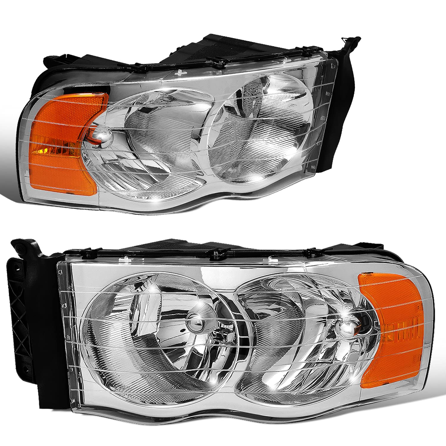 Dna Motoring Hl-Oh-Dr02-Ch-Am Chrome Housing Amber Corner Headlights Compatible With 02-05 Ram 1500/03-05 Ram 2500 3500, Left &