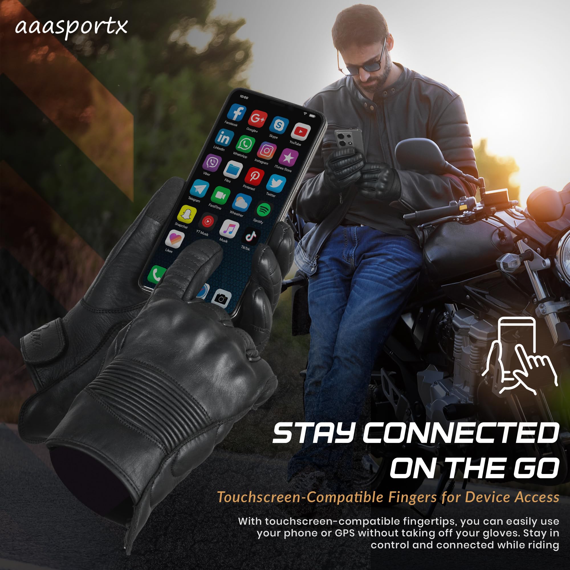 Aaasportx Motorcycle Gloves Men'S Leather Knuckle Protection Touchscreen Function Men & Women For All Weather Riding Gloves With