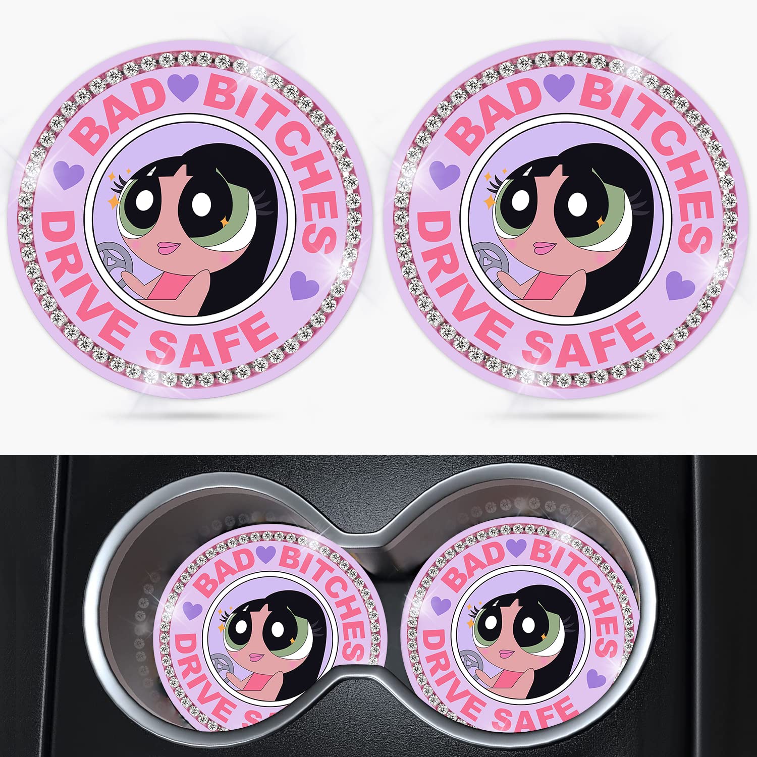 Bling Car Cupholder Coaster 2 Pack Cartoon Anime Crystal Rhinestone Silicone New Automotive Cup Holder Decor Accessories For Wom