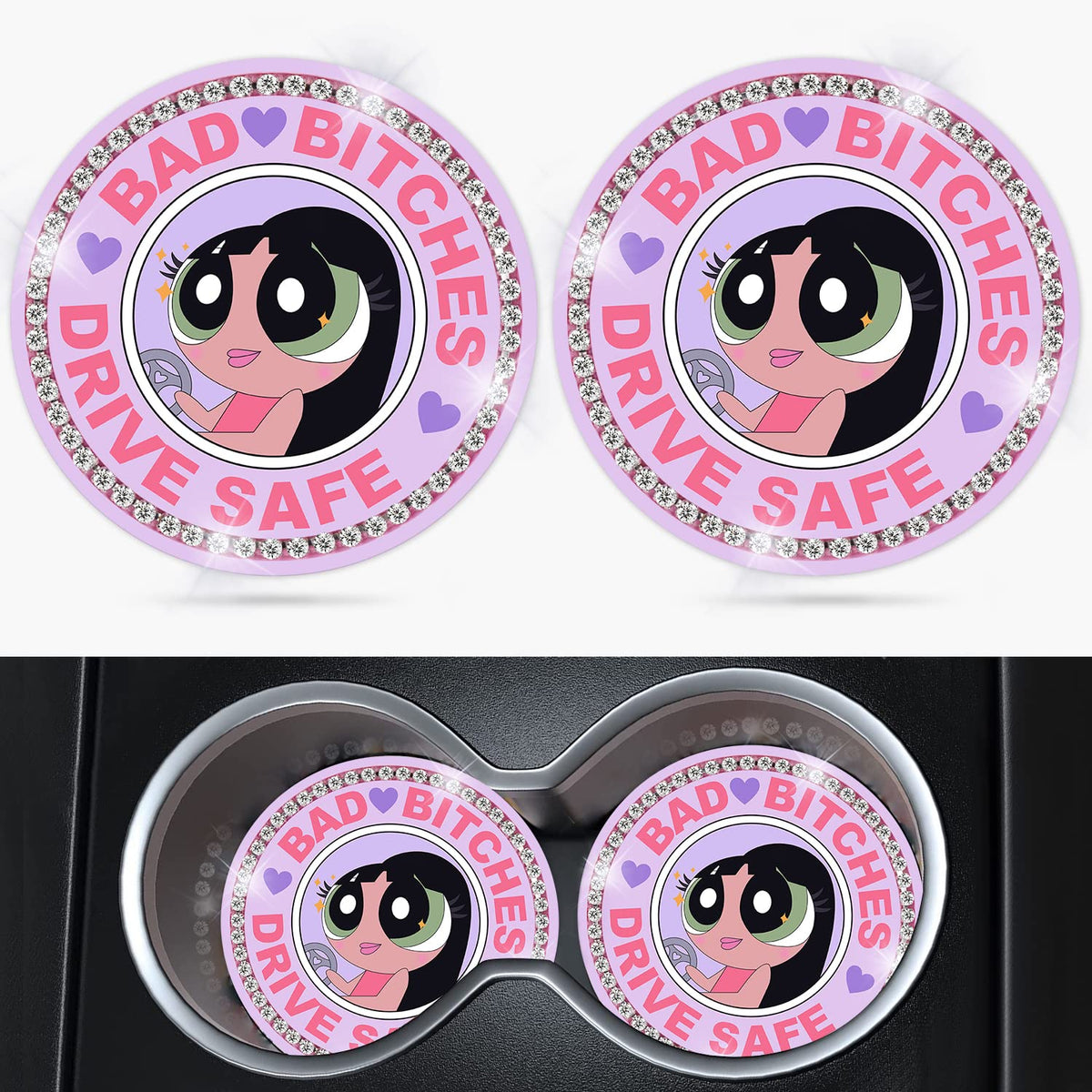 Bling Car Cupholder Coaster 2 Pack Cartoon Anime Crystal Rhinestone Silicone New Automotive Cup Holder Decor Accessories For Wom