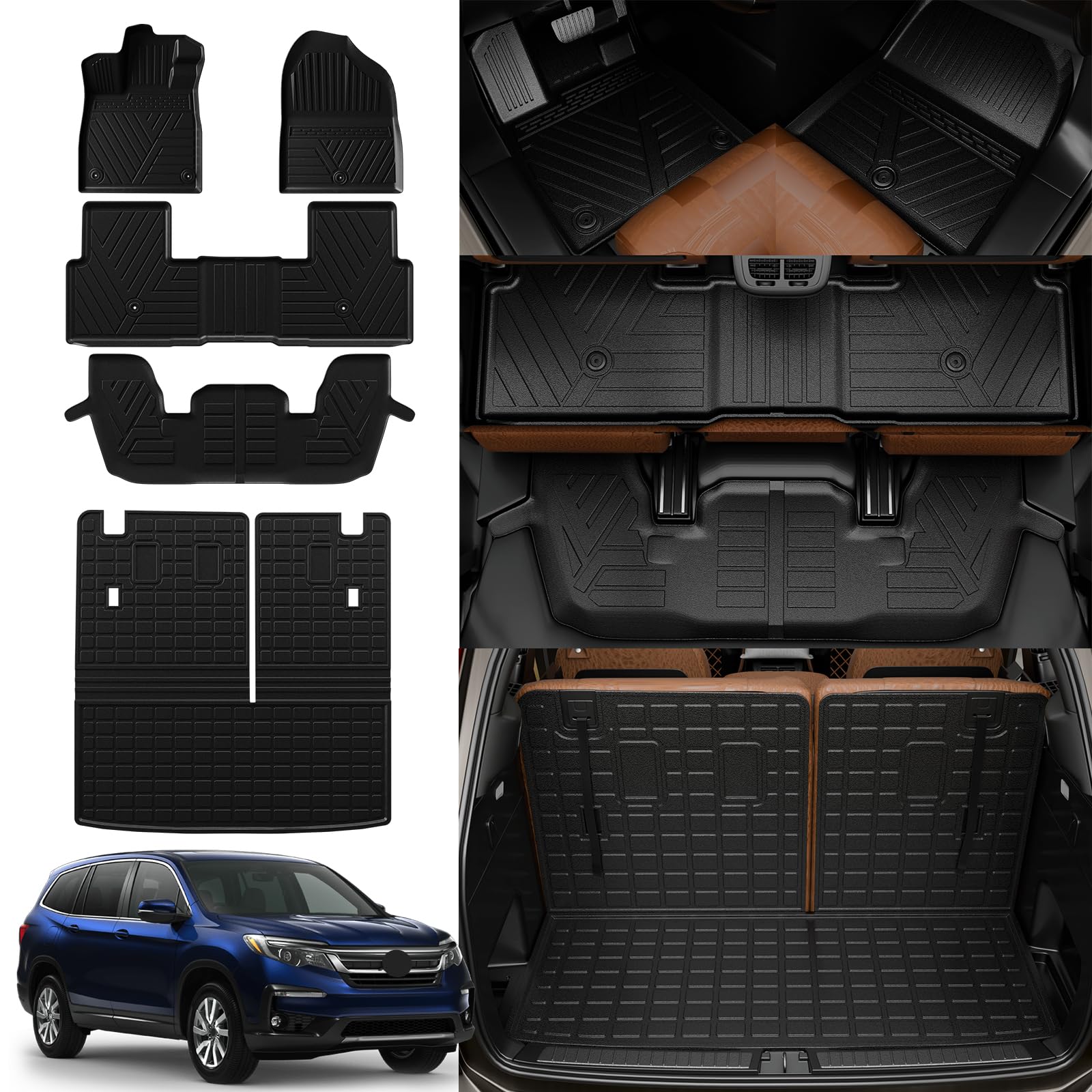 Rongtaod Floor Mats Compatible with 2023 2024 2025 Honda Pilot Trunk Liner Cargo Liner Cargo Mat Back Seat Cover Protector Pilot