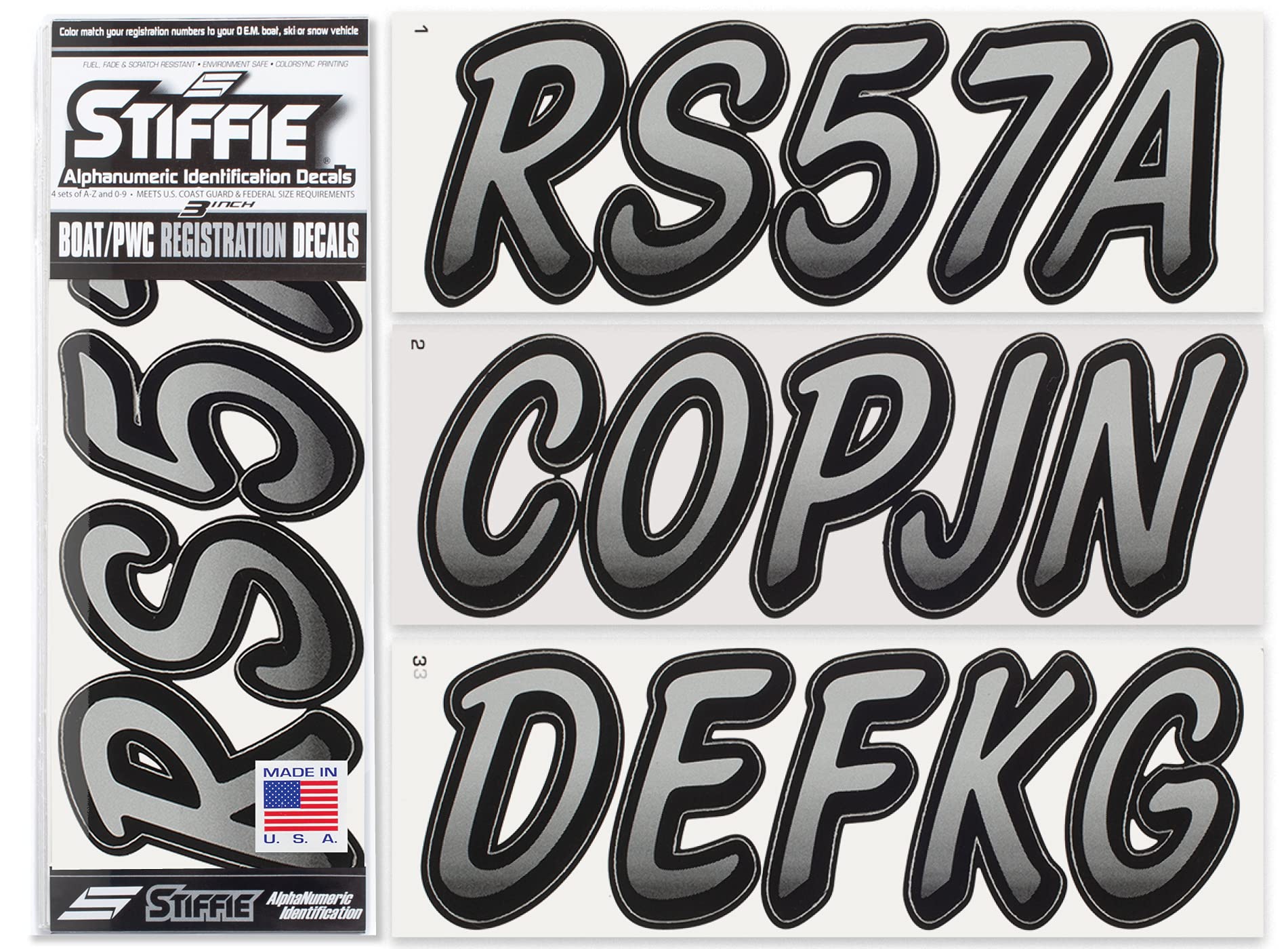 STIFFIE Whipline Metallic Silver/Black 3'' Boat & PWC Registration Decals  Numbers Letters Stickers