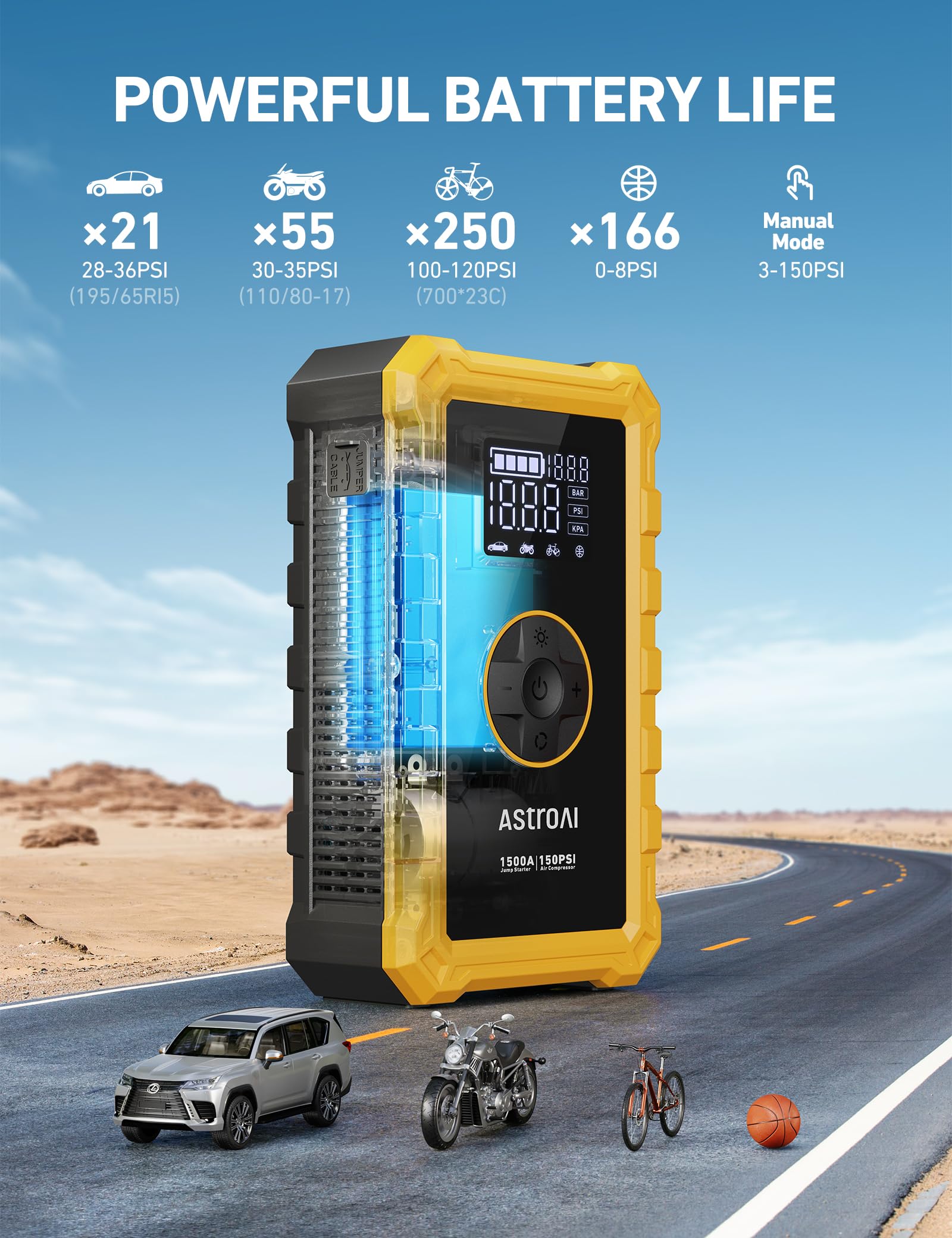 Astroai S8 Air Jump Starter With Air Compressor, 1500A Car Battery Jumper Starter Portable (6.0 Gas/3.0L Diesel) With 150Psi Cor