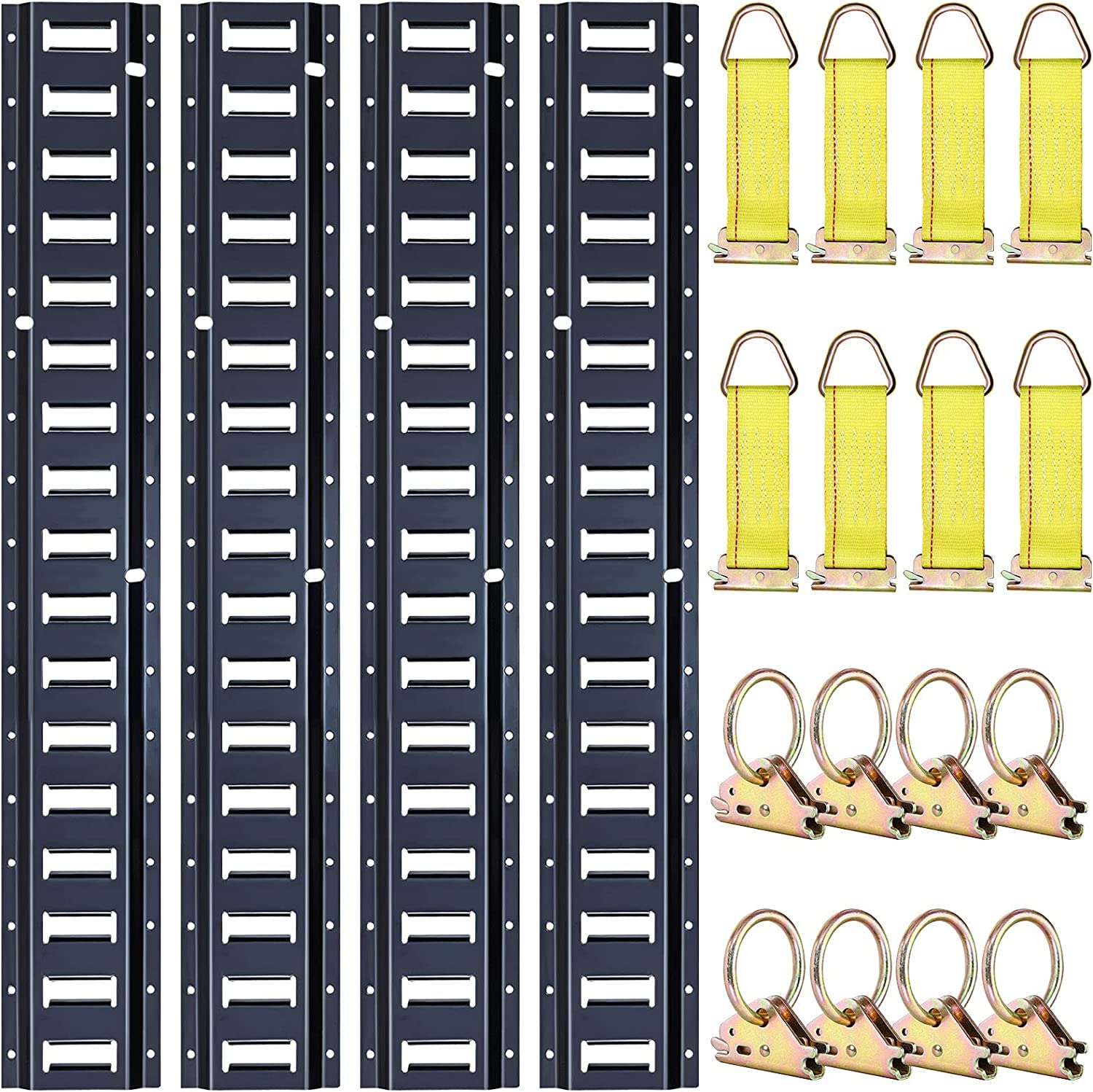 Trekassy 8Ft E Track Tie-Down Rail Kit, 4 Pack 8' Etrack Rails With 16Pcs E-Track Accessories Including 8 Steel O-Ring Anchors A