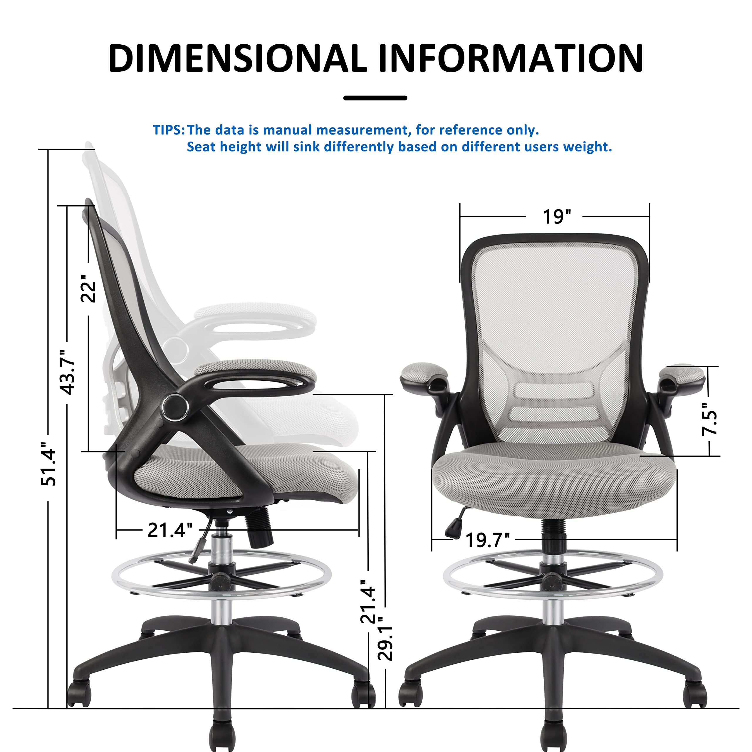 HYLONE High-Back Drafting Chair, Grey Mesh Office Stool with Flip-Up Arms, Adjustable Foot Ring, Tall Design for Standing Desks, 51.4 Height