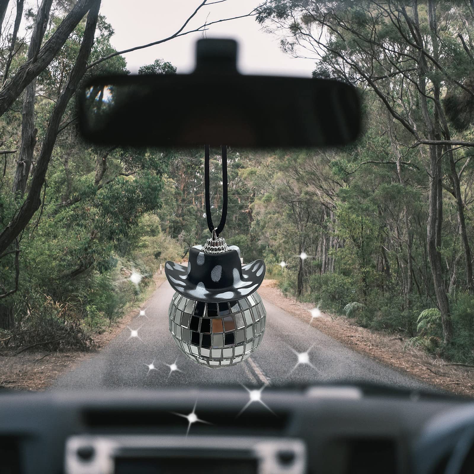 Spansee Black White Cow Print Car Accessories - Disco Ball for Rear View Mirror, Cowboy Hat - Black Accessories for Women