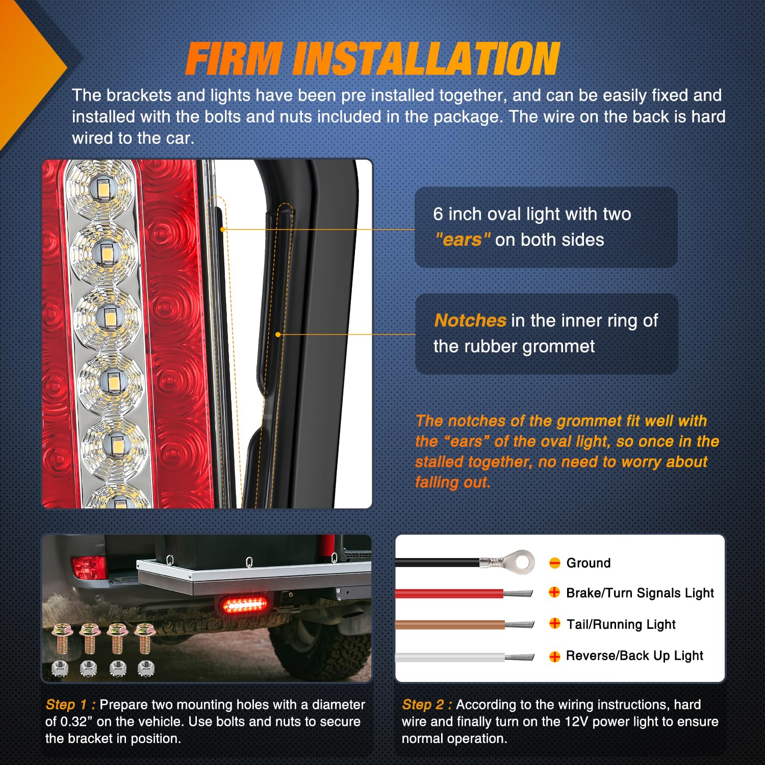 Nilight 6Inch Oval Trailer Tail Light 2Pcs Red Brake Stop Turn White Reverse Back Up Lights With Flush Mount Grommets Plugs Moun