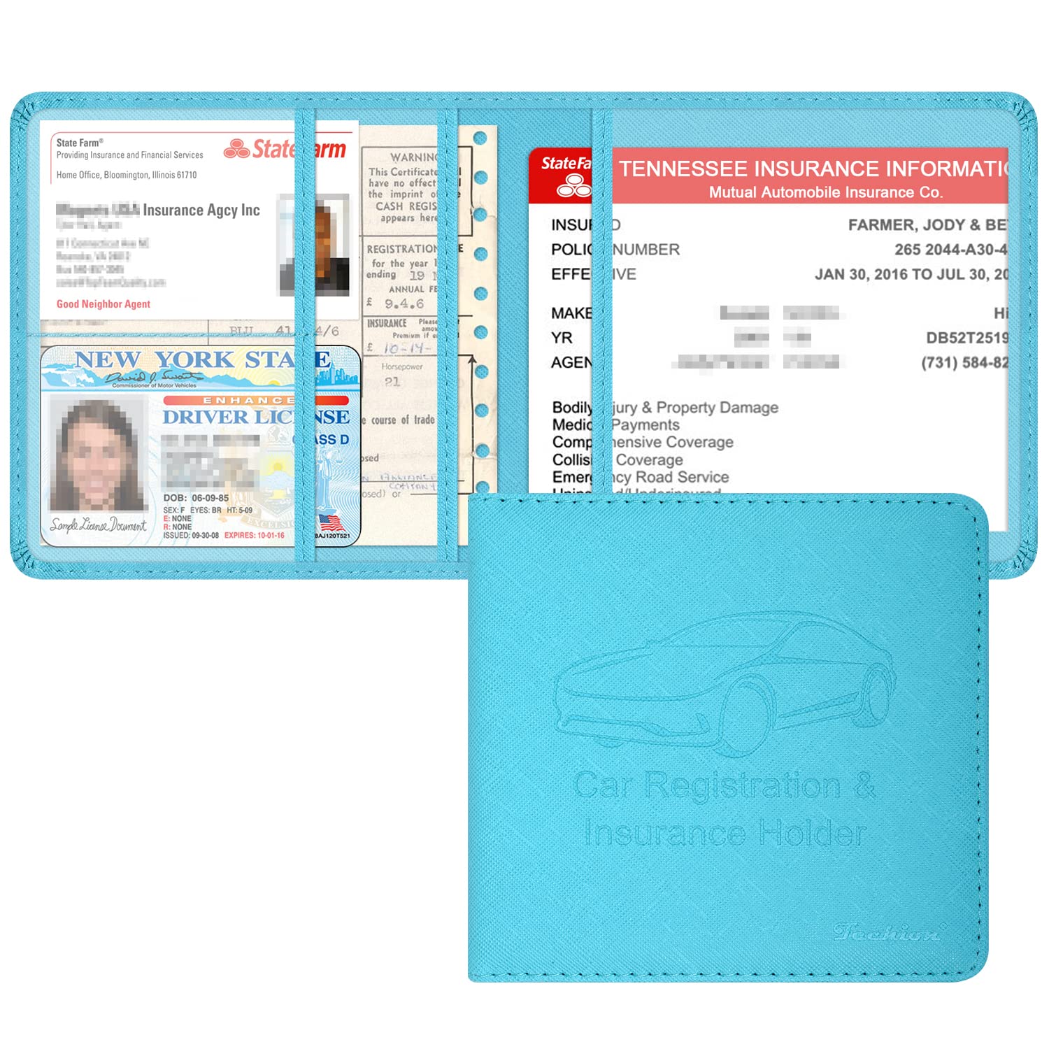Techion Car Insurance And Registration Holder, 5.5 X 5 Inch Pu Leather Vehicle Glove Box Organizer Wallet Case For Insurance Card, Driver License, Paperwork - Mint Green