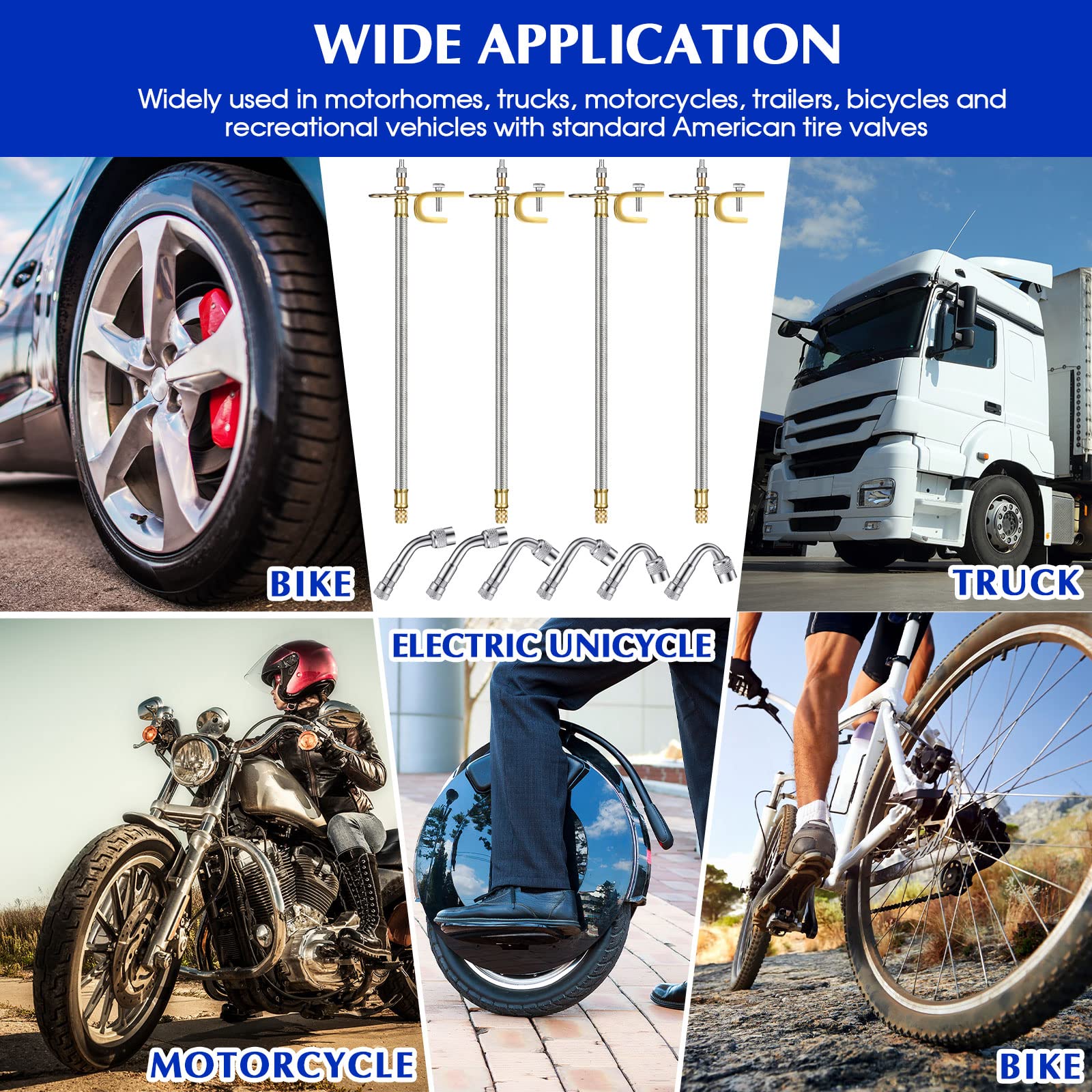 Hotop 4 Pieces Valve Stem Extension Stainless Steel Braided Extenders, 6 Pieces 45 90 135 Degree Brass Extenders For Cars Trucks