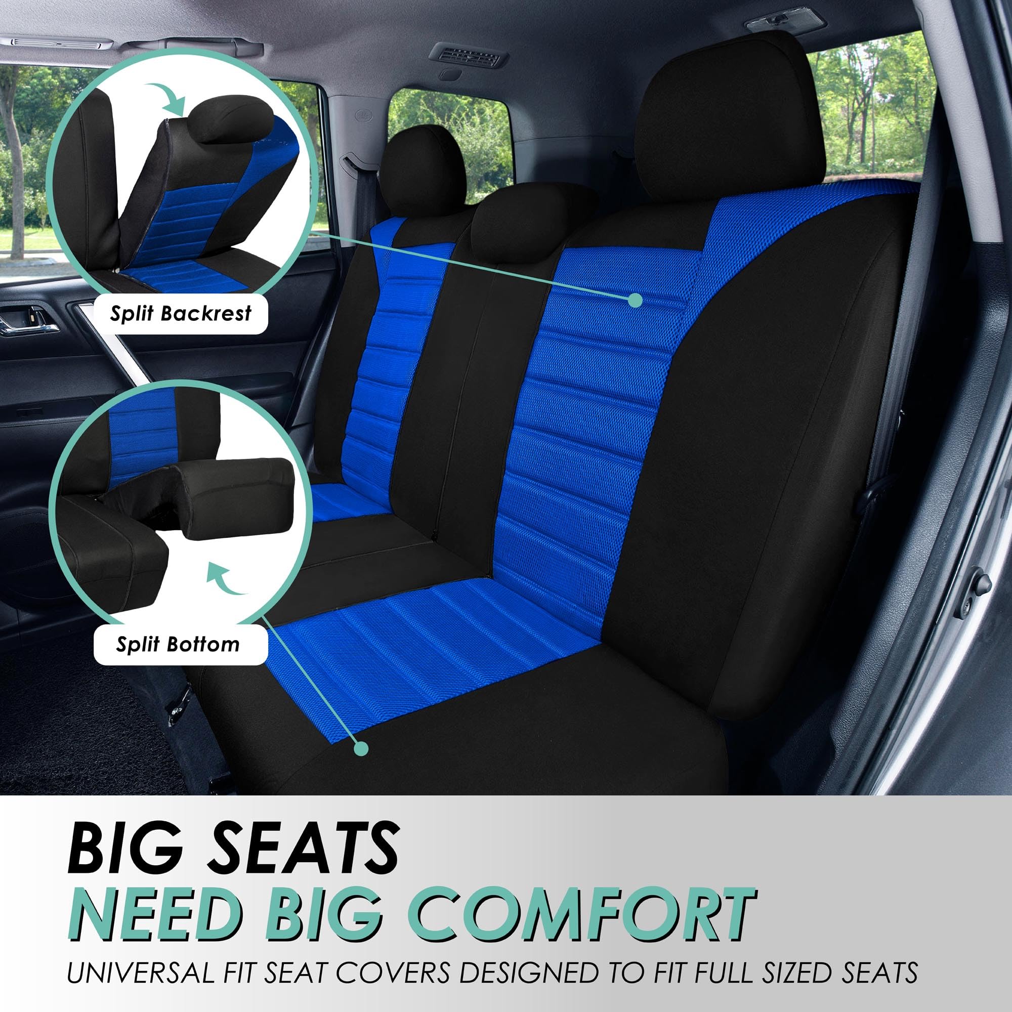 Fh Group Automotive Car Seat Covers Full Set Premium 3D Air Mesh Blue And Black Seat Covers, Airbag Compatible And Split Bench C
