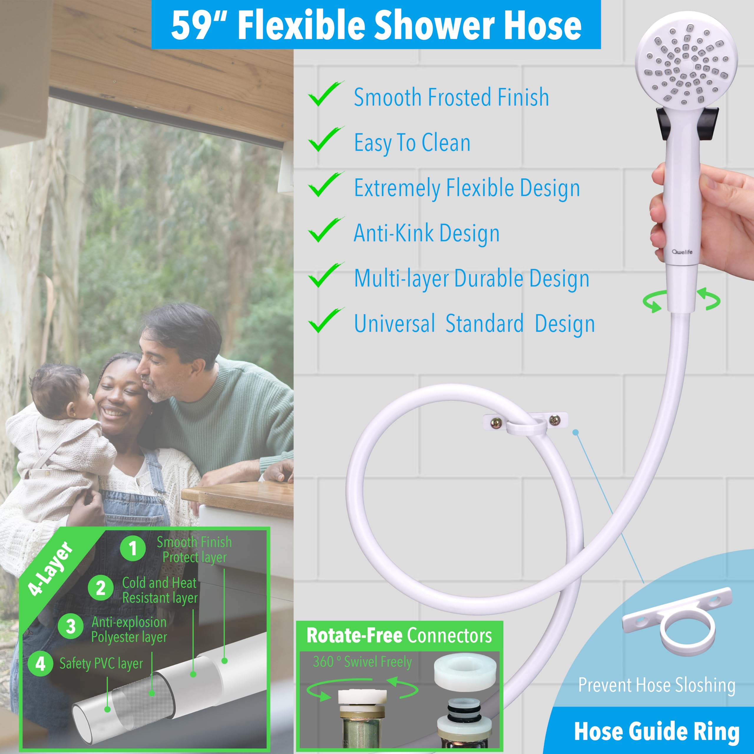 Rv Shower Head With Hose And On Off Switch (Trickle), Water Saving High Pressure Shower Head With Hose Guide Ring, Shower Holder