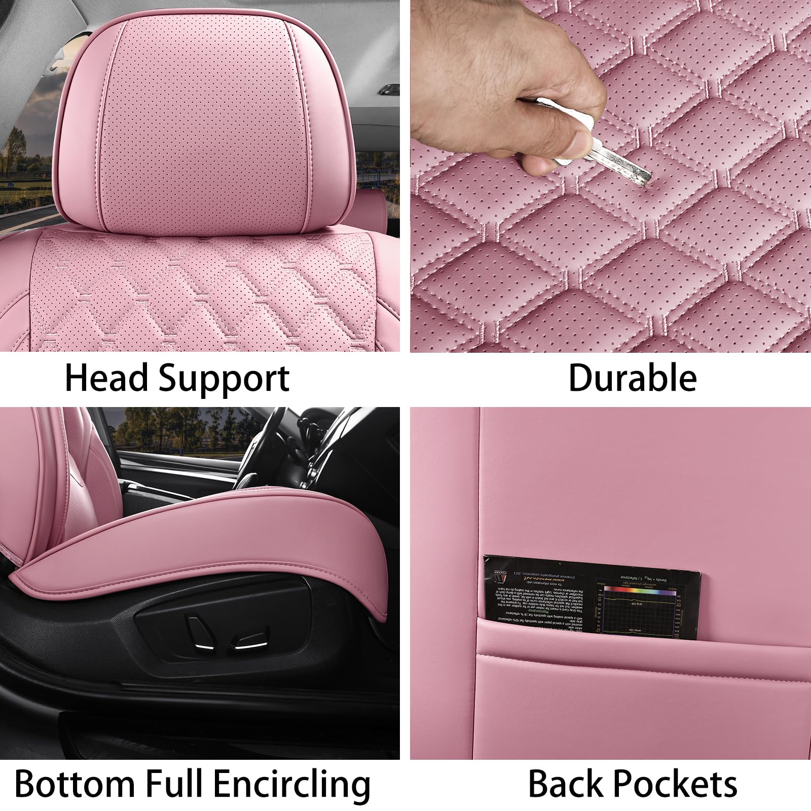 Sxikin Car Seat Covers Full Set Pink, Luxury Faux Leather Car Seat Covers Waterproof Non-Slip Seat Protector Universal Fit For M