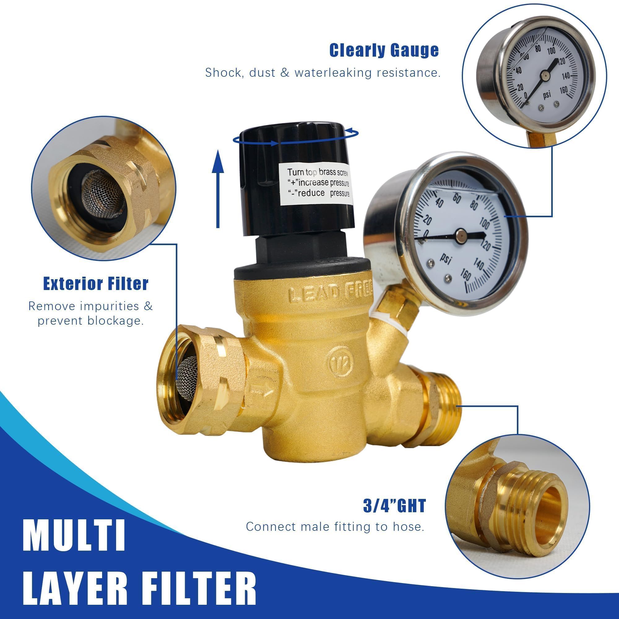 Hourleey Rv Water Pressure Regulator, Adjustable Handle Brass Water Pressure Regulator, Water Pressure Reducer With Gauge And In