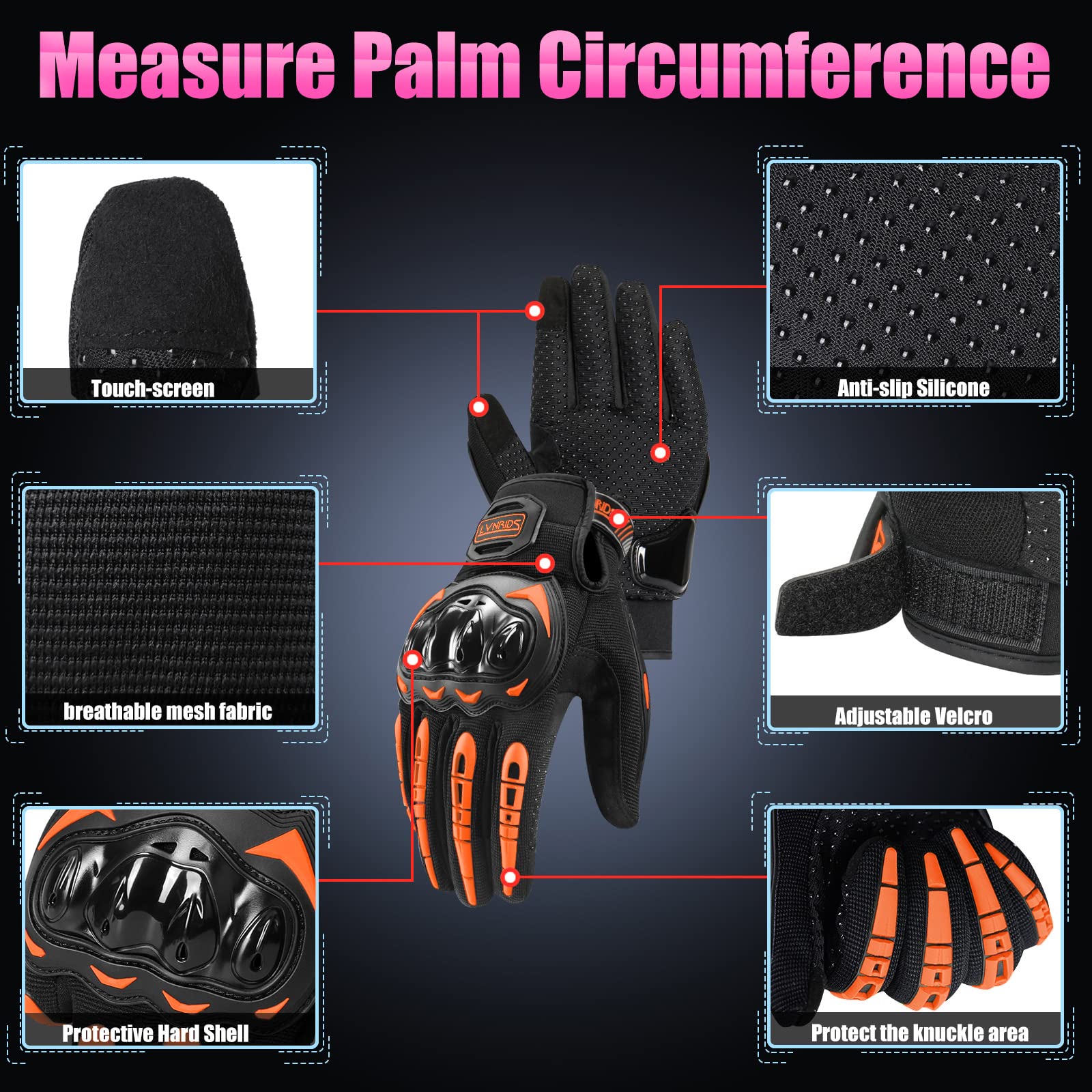 Lvnrids Motorcycle Gloves With Touchscreen Men And Women Racing Gloves For Motocross Bmx Atv Mtb Riding Cycling Orange L