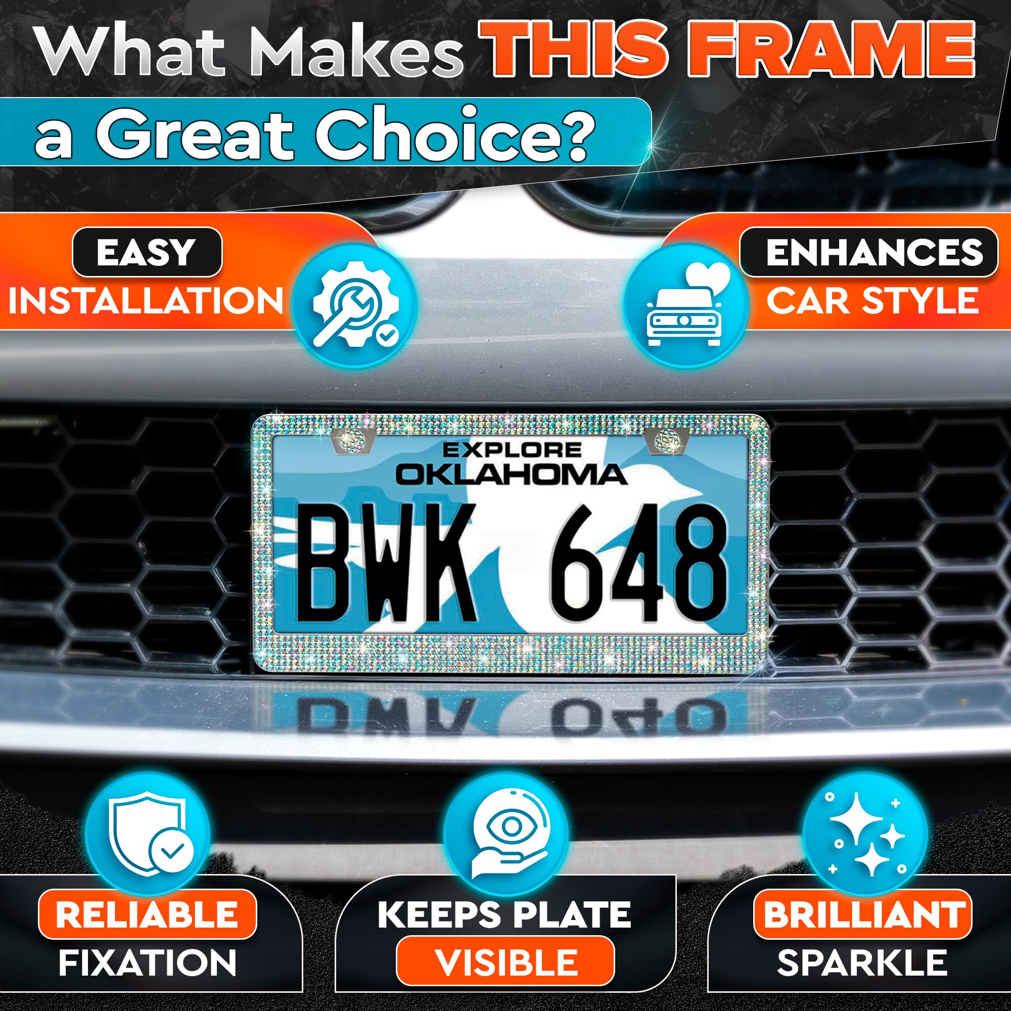 2 Pack Bling License Plate Frames for Women - Sparkling Rhinestone License Plate Frame (12.16'' x 6.18'') with Screws & Caps for
