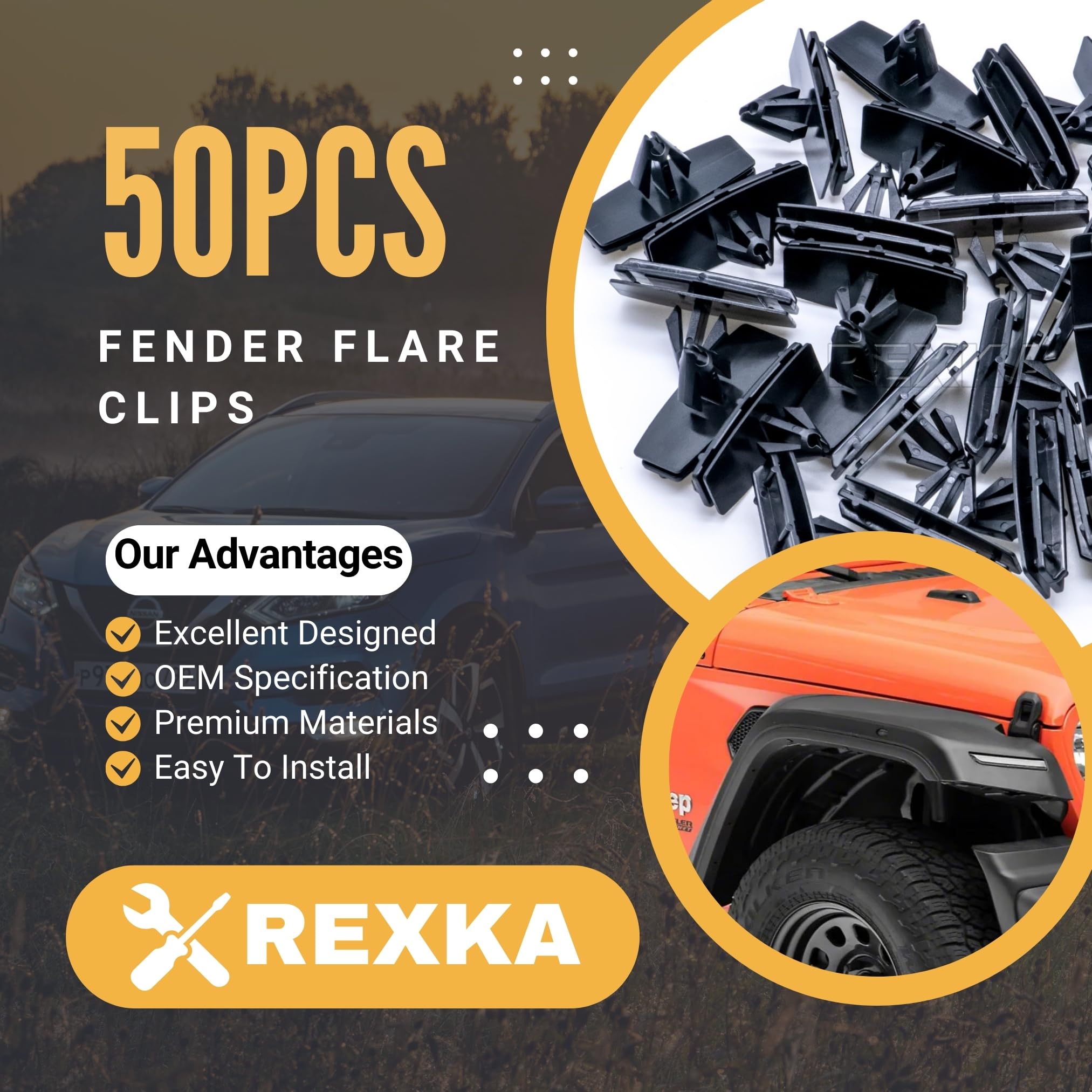 Rexka 50Pcs Fender Flare & Rocker Moulding Clip 68039280-Aa Compatible With Jeep Wrangler Jk & Unlimited Jk Ram 4500 Ram 5500