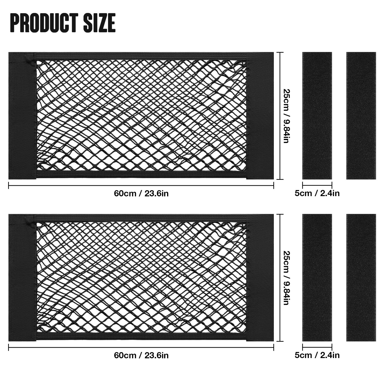 TOBWOLF 2PCS 25x60cm / 9.8x23.6in Car Storage Net Bag with Tape Stickers, Adhesive Mesh Pocket Net String Pouch Bag, Stretchable