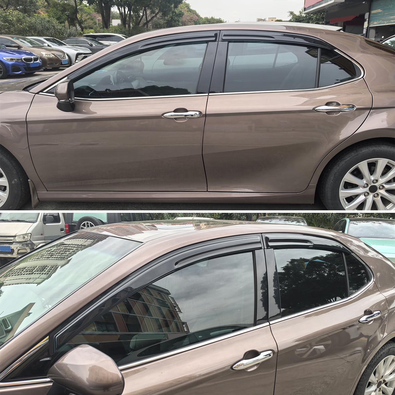 Ikon Motorsports Tape On Side Window Wind Deflectors, Compatible With 2018-2024 Toyota Camry, Mugen V2 Style Acrylic Smoke/Tinte