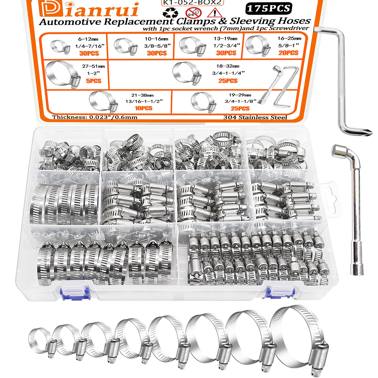 Dianrui 175 PCS Hose Clamps Assortment Kit 1/4 ''-2 '' (6-51mm) 304 Stainless Steel Heavy Duty Hose Clamps, Worm Gear Hose Clamp