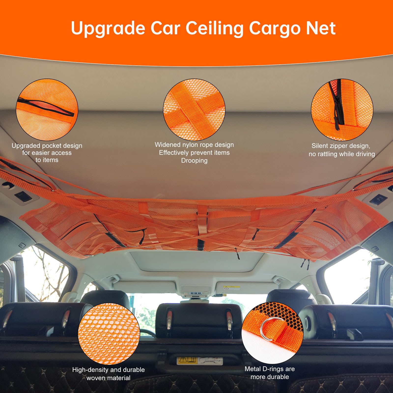 Kaskawise Orange SUV Car Ceiling Cargo Net - 39.3 x 23.6, Double-Layer Mesh Roof Storage for Truck, Van, Travel & Camping Accessories
