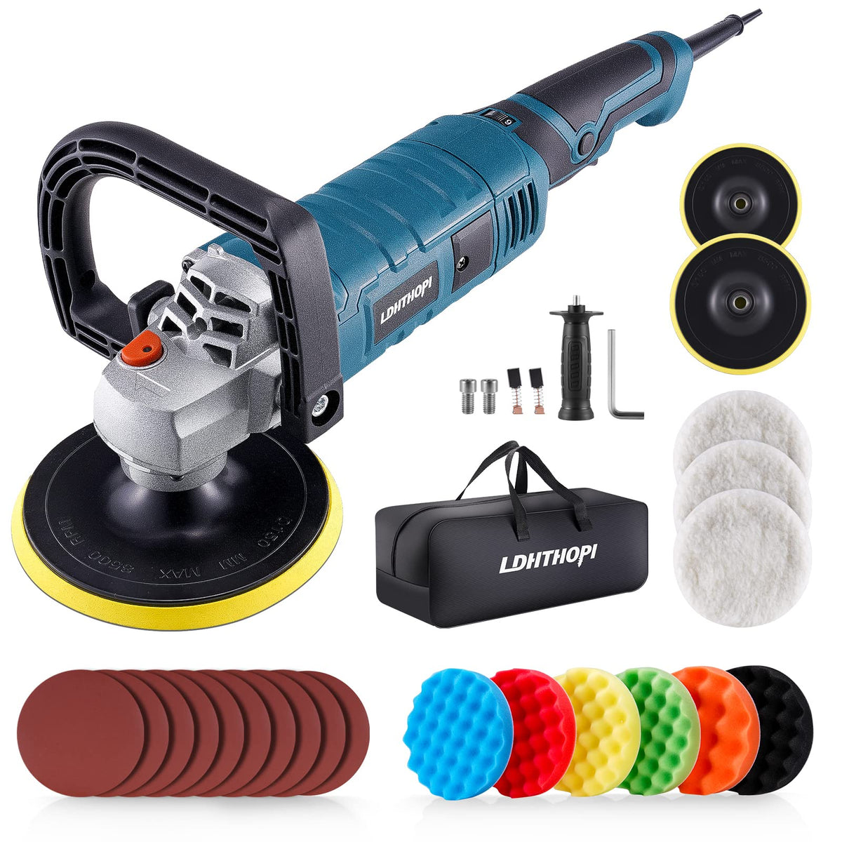 Ldhthopi Buffer Polisher, 1600W 7 Inch/6 Inch Rotary Buffer Polisher Waxer, 7 Variable Speed 1000-3500 Rpm, Detachable Handle Fo
