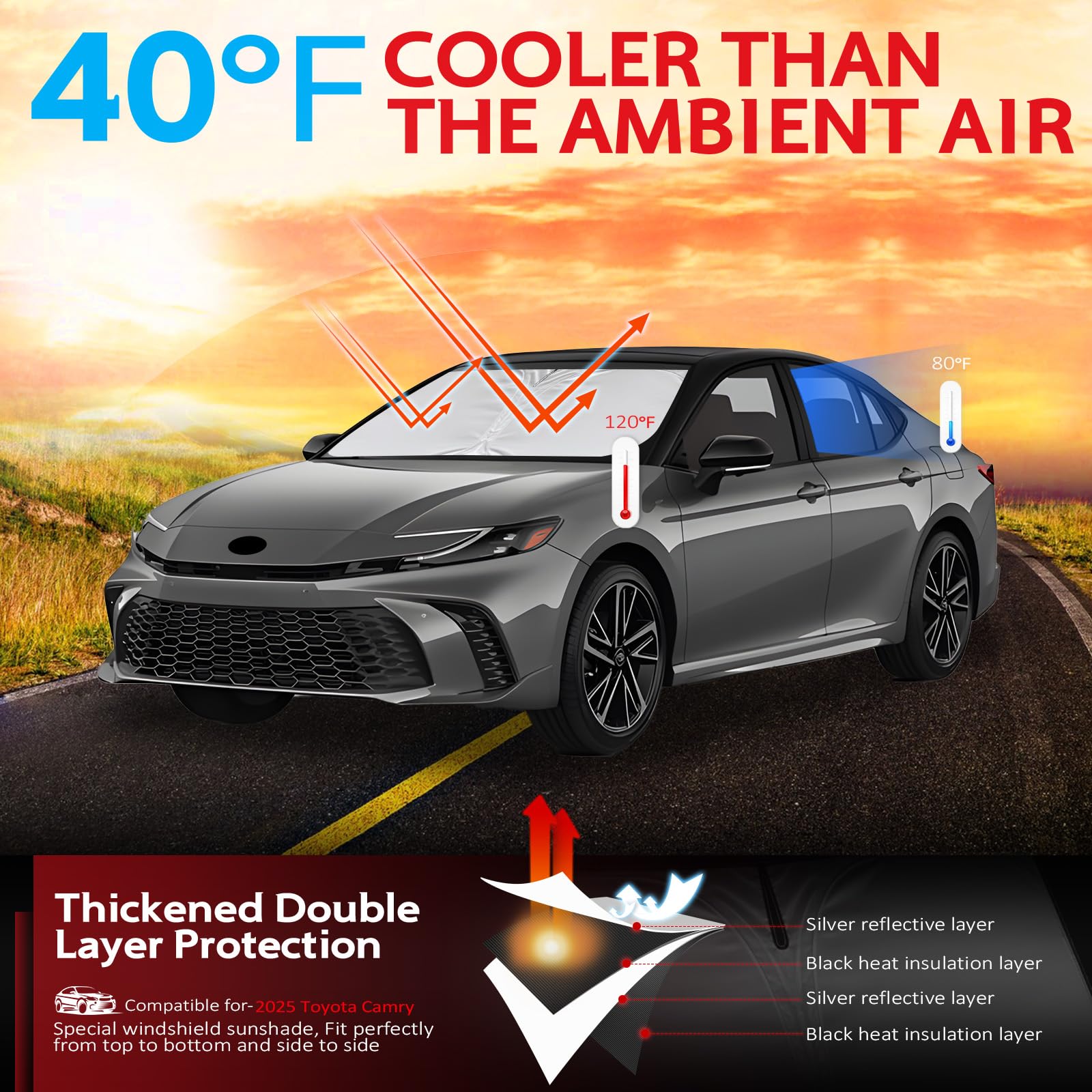 Kayzt Windshield Sun Shade For 2025 2026 Toyota Camry Le Xle Hybrid Se Xse Foldable Sunshade Front Window Custom Fit Car Accesso