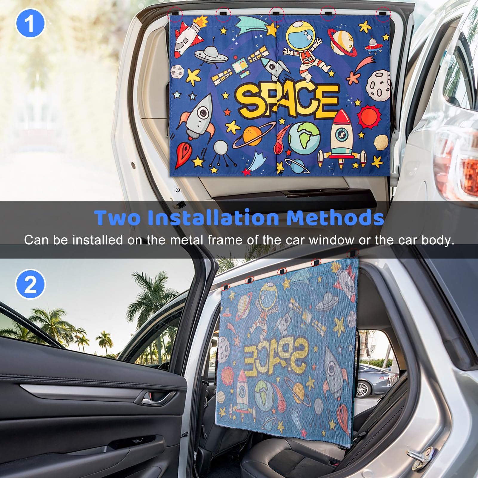 Car Sun Shade Side Window, 2Pcs Magnetic Double Layer Car Window Shades For Privacy Full Covers/Half Shade Options Cute Space Pa