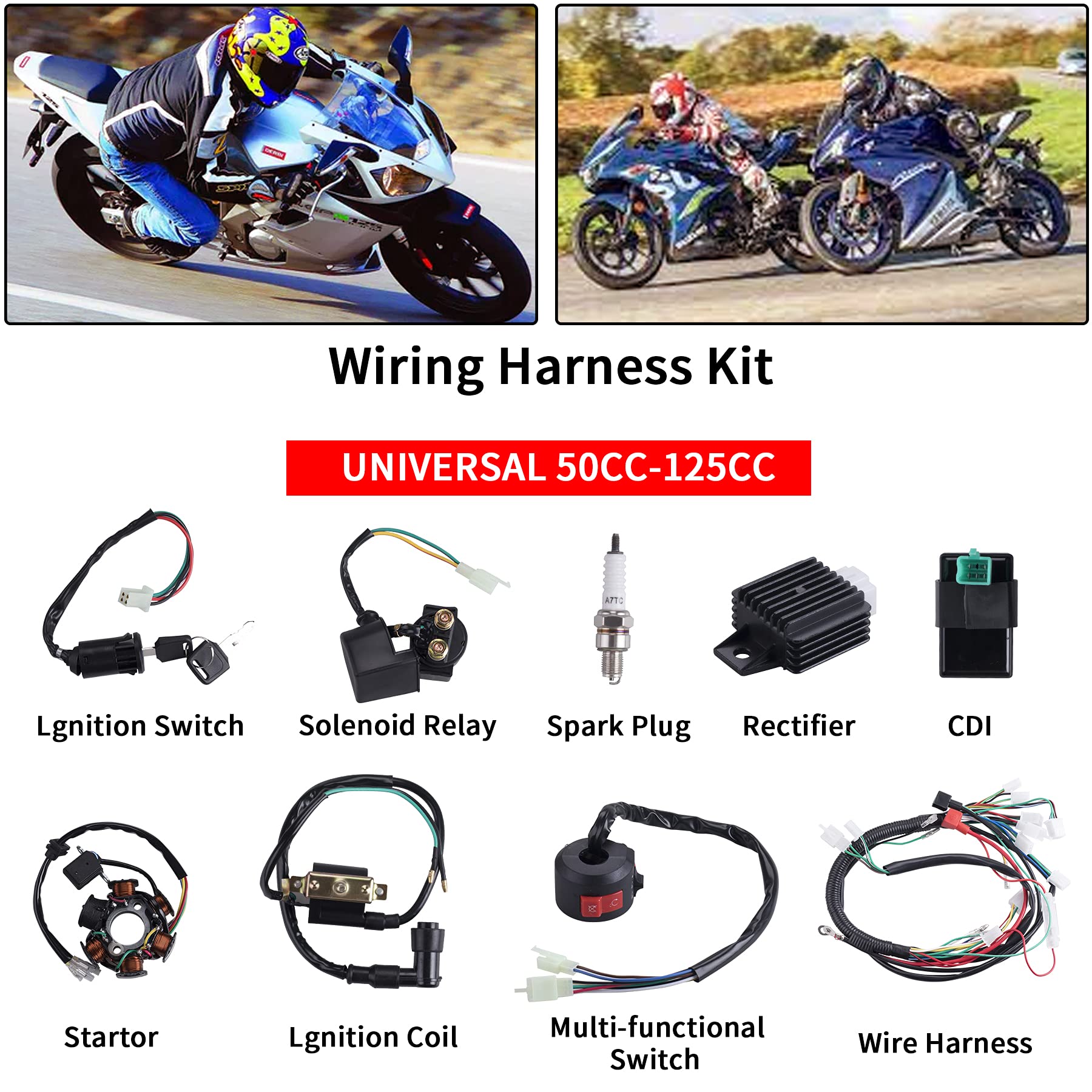 Complete Electrics Wiring Harness Coil Stator Solenoid Relay CDI Spark Plug for 4 Wheelers Stroke ATV 50cc 70cc 90cc 110cc 125cc