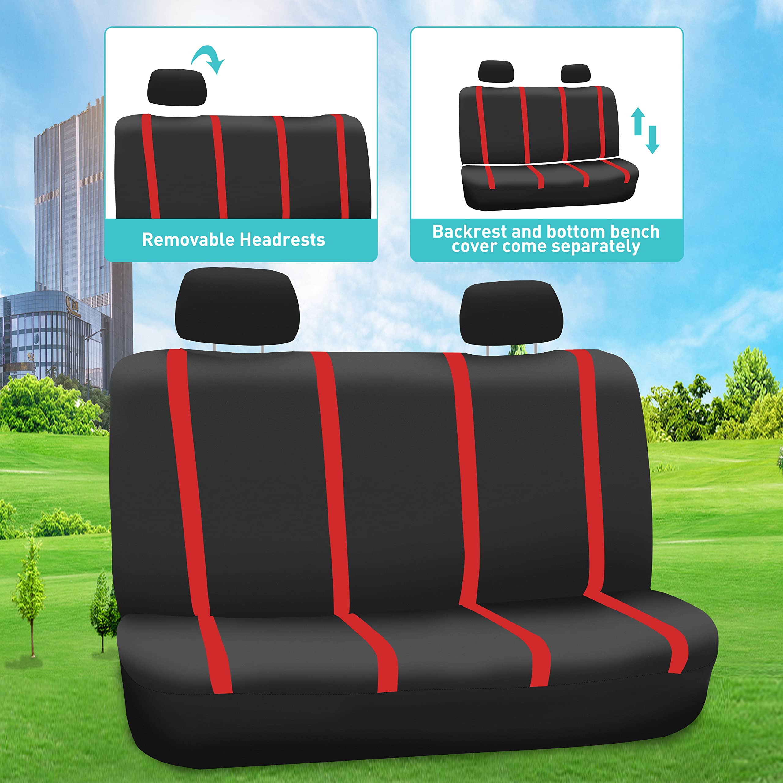 FH Group Car Seat Covers Unique Flat Cloth Full Set Automotive Seat Covers Front Set and Rear Solid Bench Red Black Seat Covers w. Gift Universal Fit Interior Accessories for Cars Trucks and SUVs