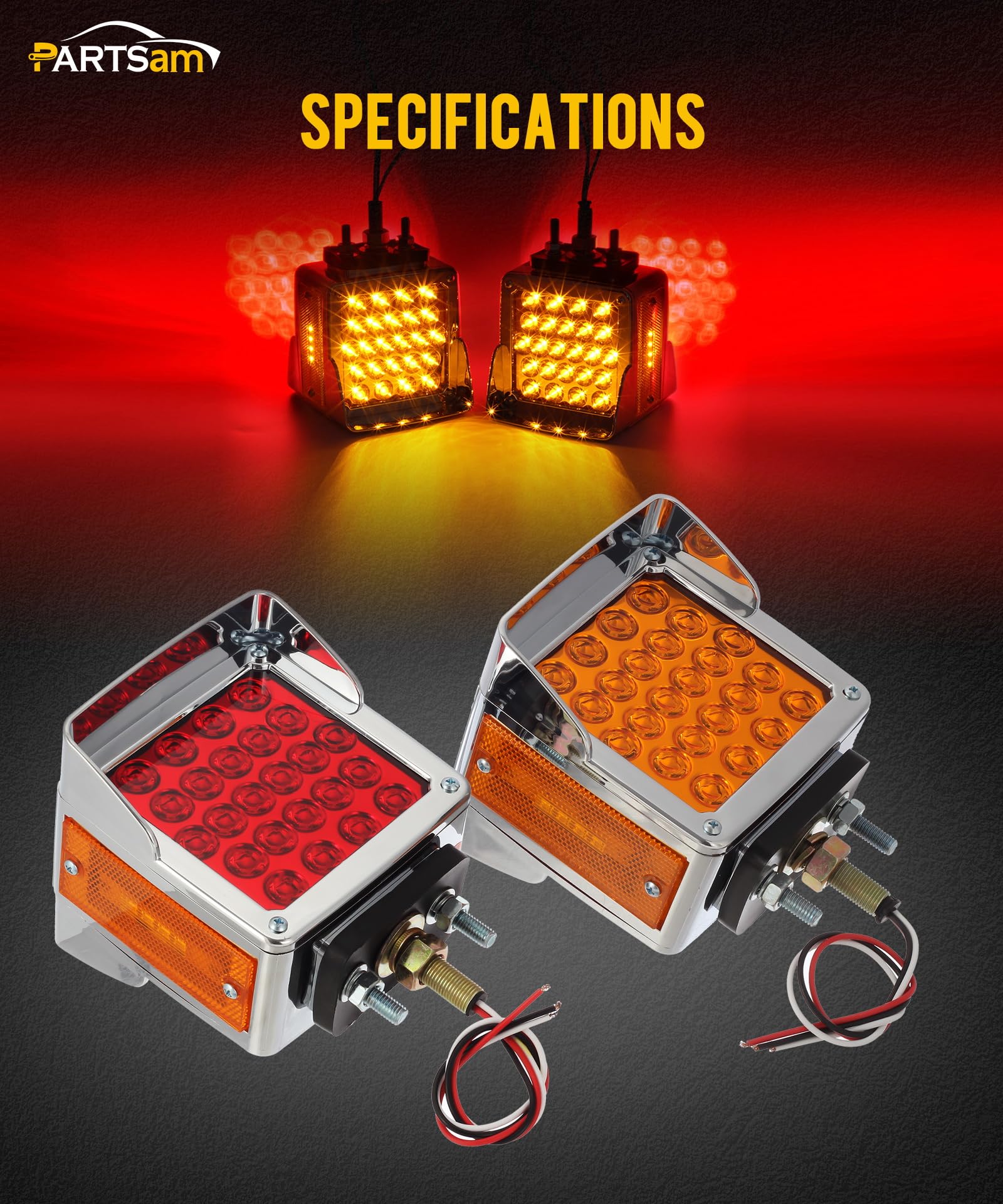 Partsam Pair Truck Trailer 52 Led Red/Amber Square Double Face Pedestal Fender Stop Turn Tail Lights Three Stud Mount Bezel Viso