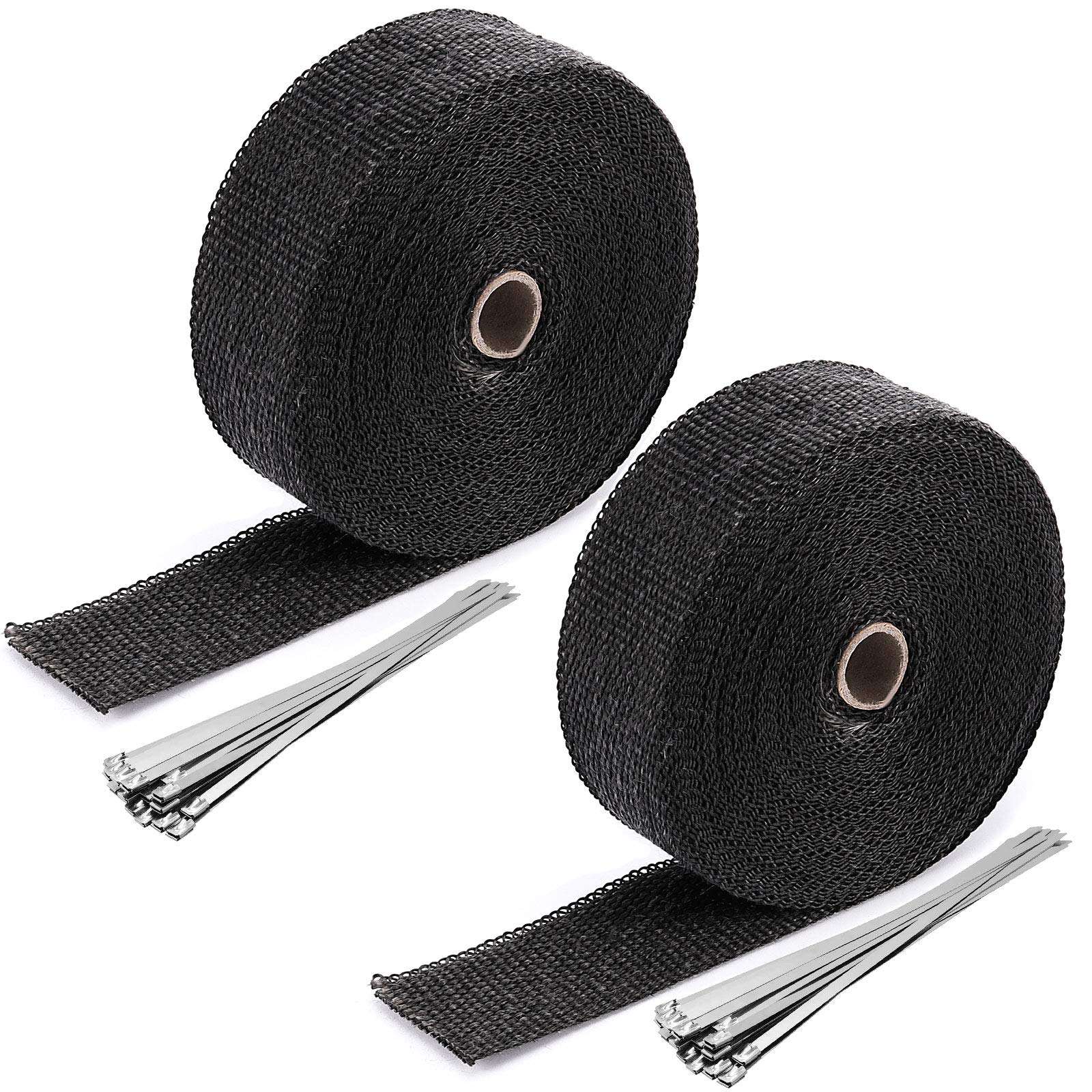 ZOENHOU 2 Rolls 2 Inch x 50 Feet Exhaust Heat Header Wrap, Fiberglass Pipe Wrap with 20 Stainless Ties, Black Exhaust Heat Shiel