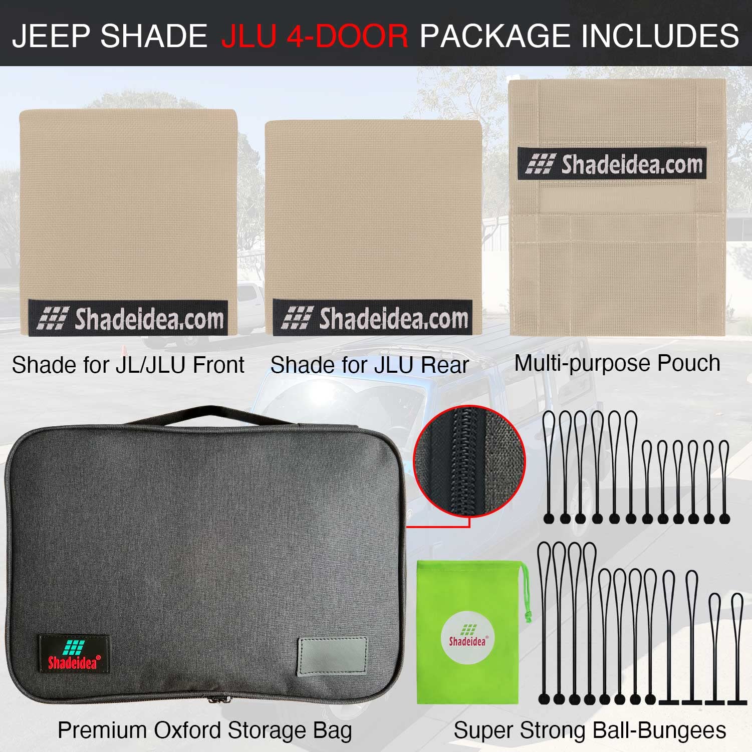 Shadeidea Sun Shade Top For Jeep Wrangler Sunshade Jl Unlimited (2018-2023) 4 Door Front And Rear 2 Piece -Tan Mesh Screen Sunsh